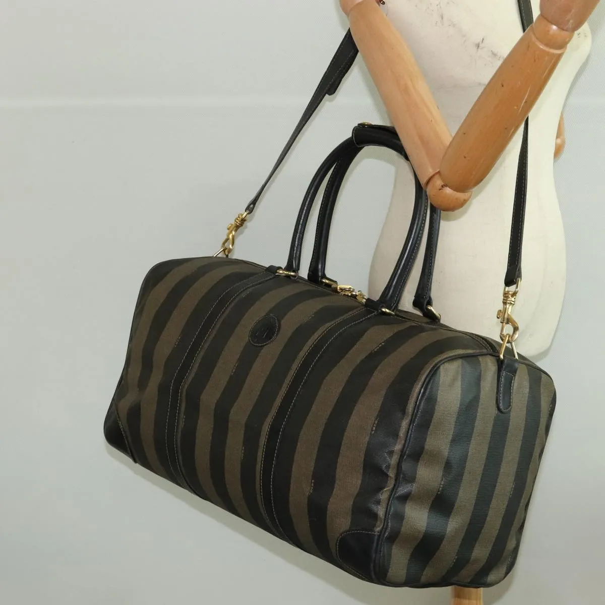 FENDI Pecan Canvas Boston Bag PVC Leather 2way Brown 97528