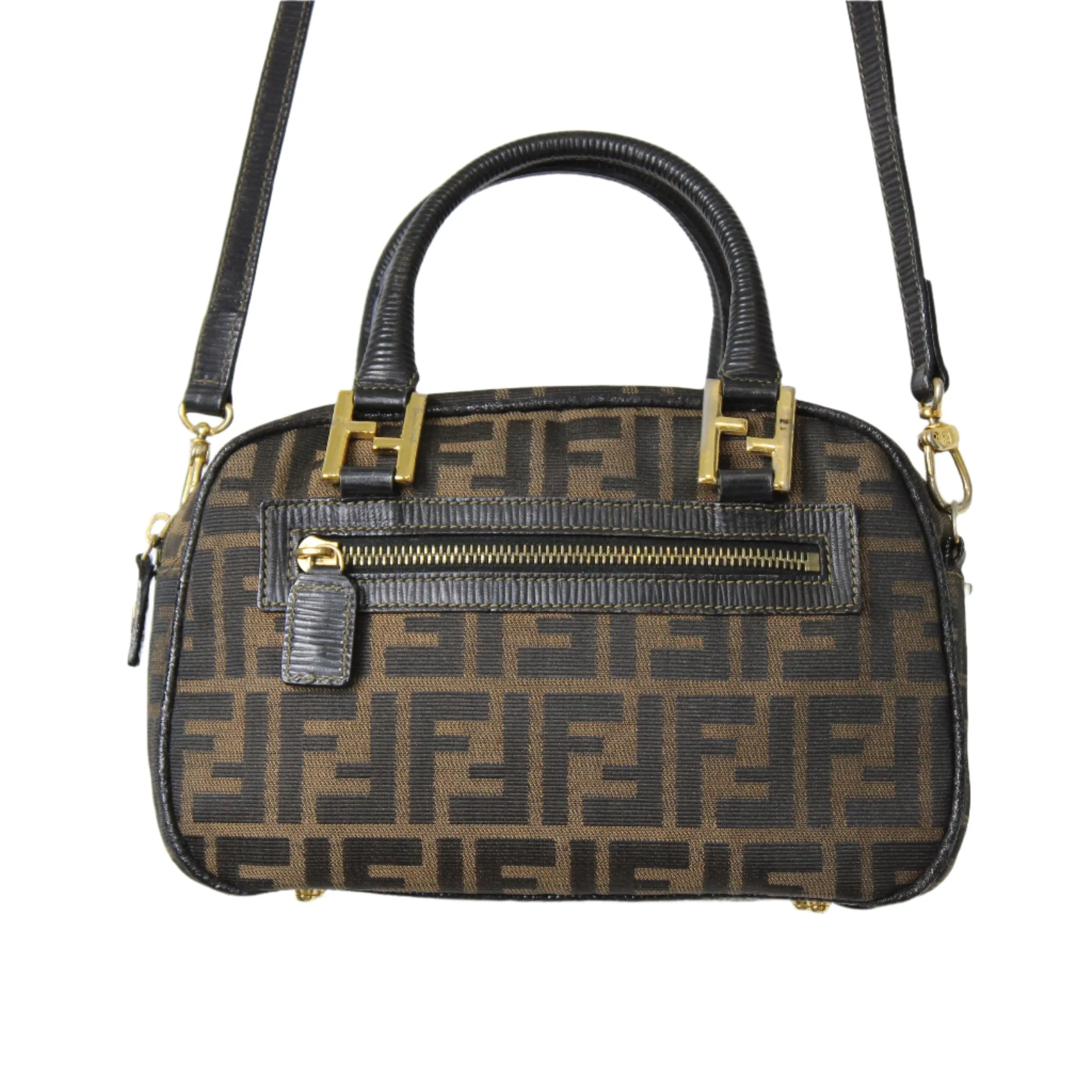 Fendi Zucca Canvas Leather Crossbody Strap Mini Boston Bag