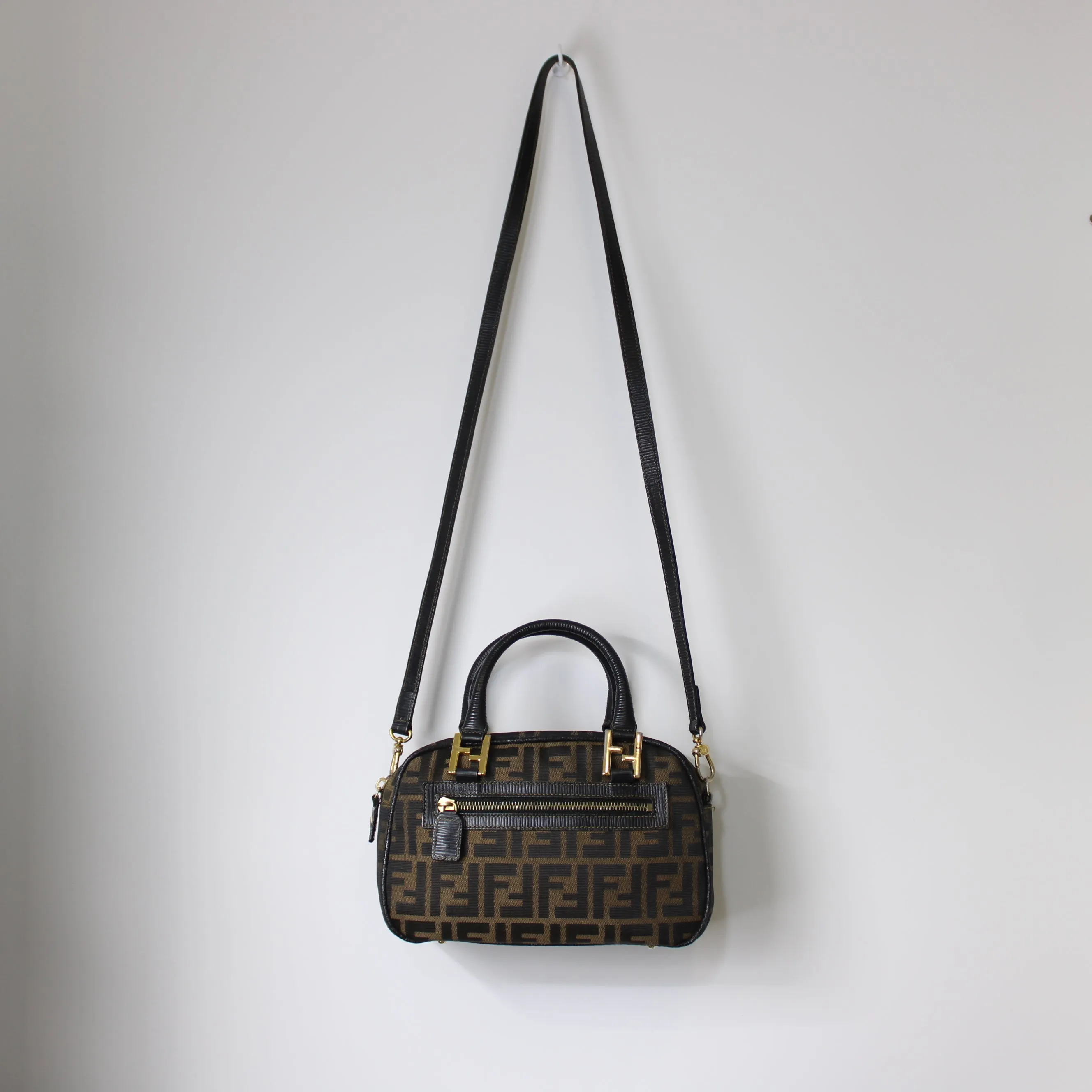 Fendi Zucca Canvas Leather Crossbody Strap Mini Boston Bag