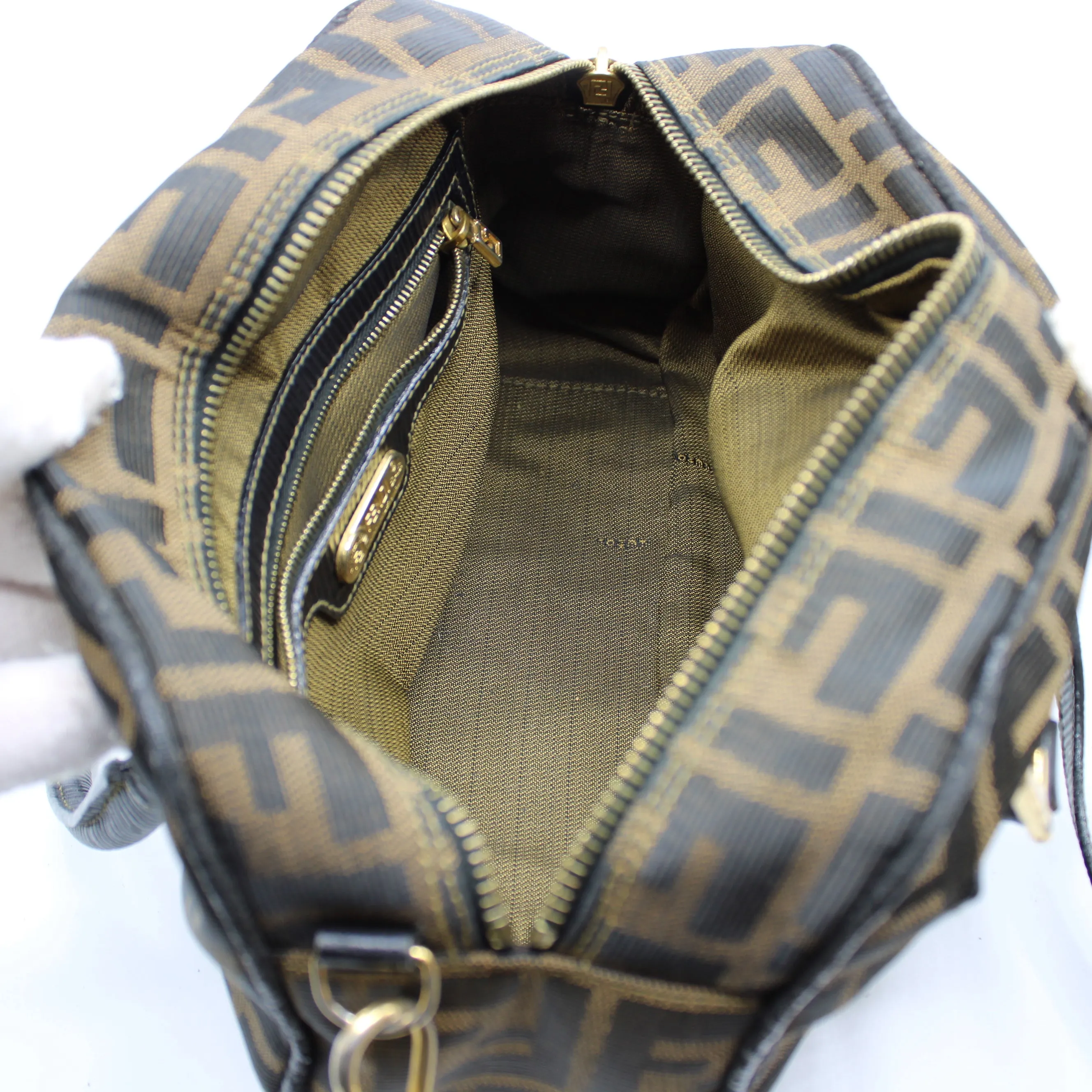 Fendi Zucca Canvas Leather Crossbody Strap Mini Boston Bag