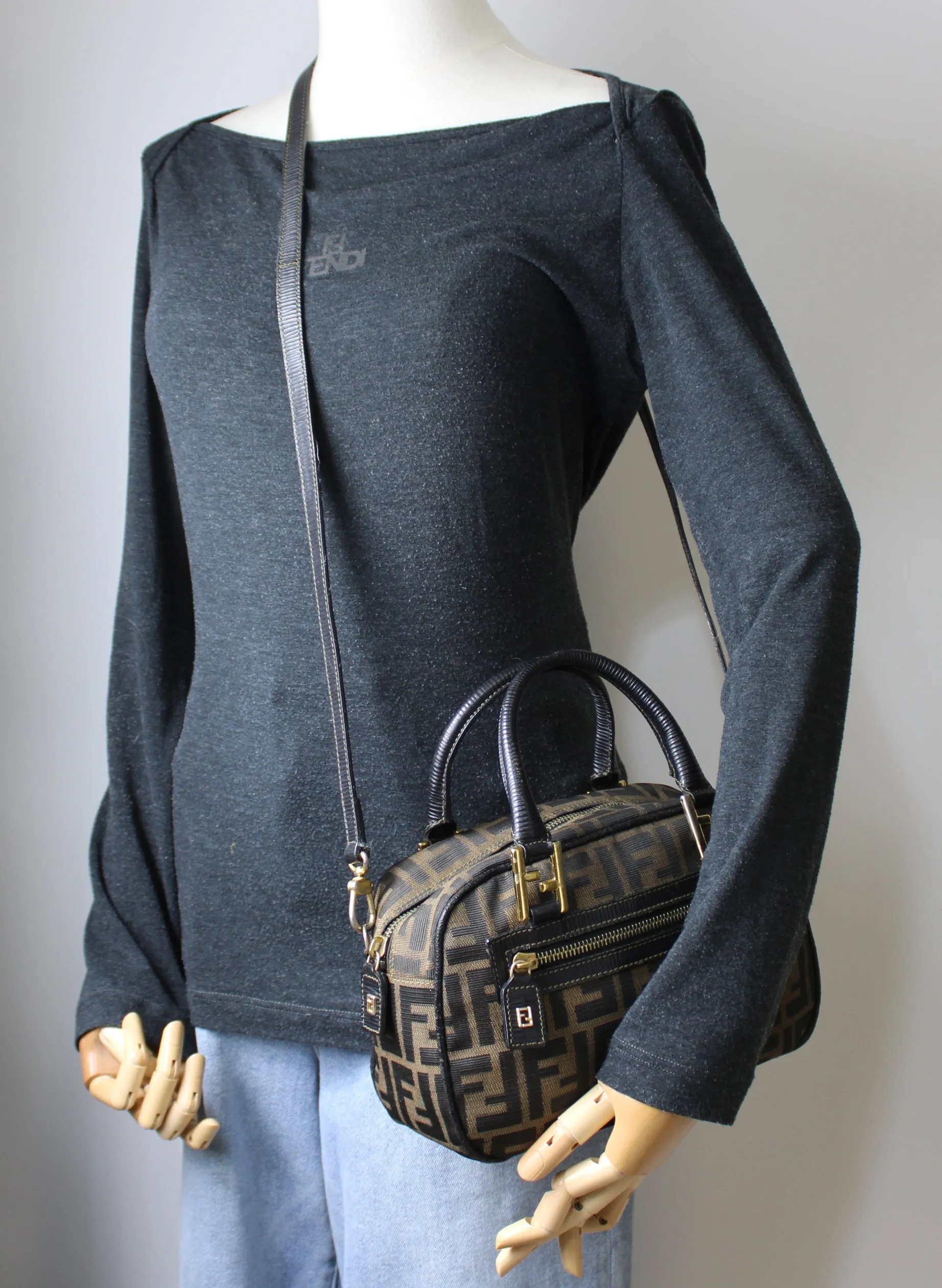Fendi Zucca Canvas Leather Crossbody Strap Mini Boston Bag