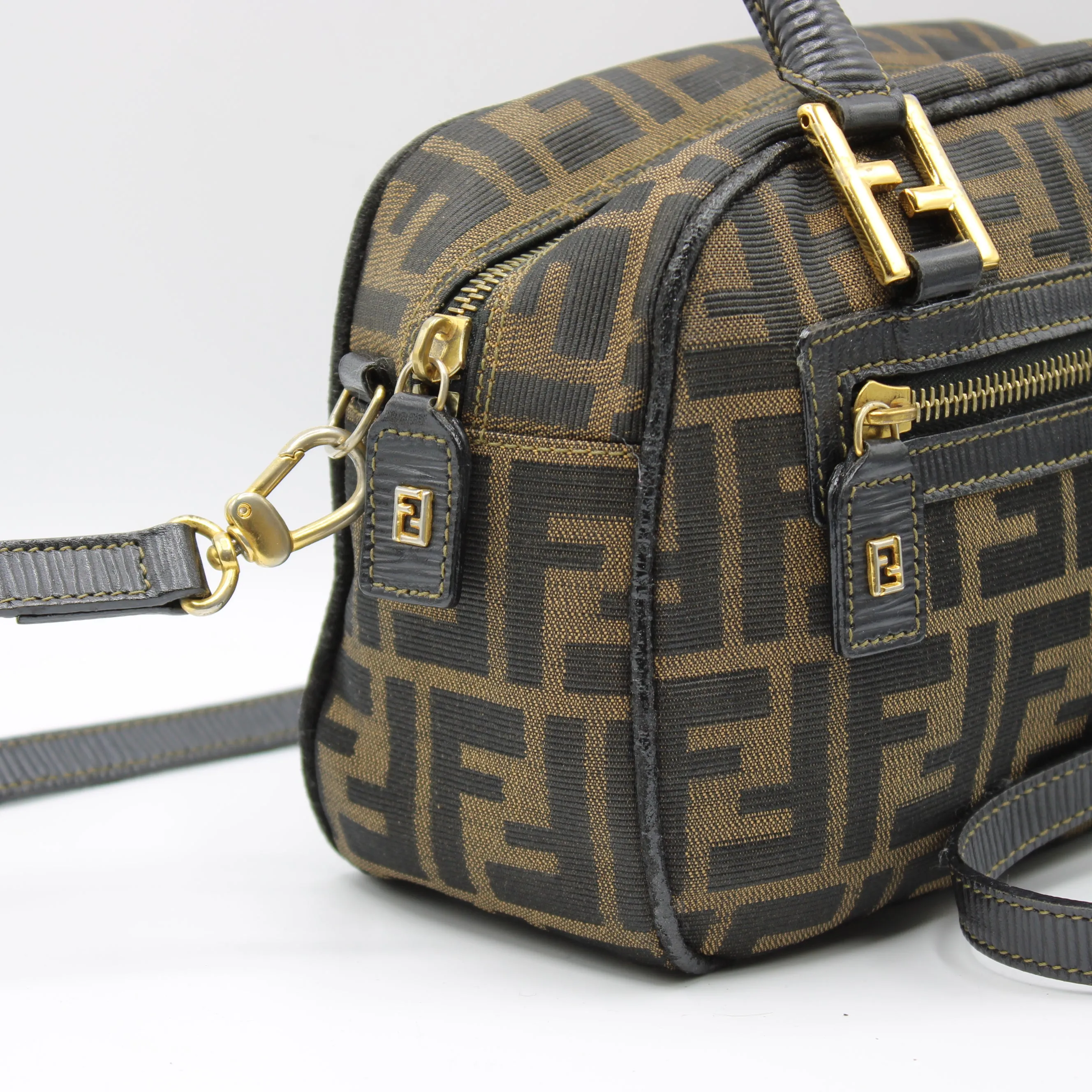 Fendi Zucca Canvas Leather Crossbody Strap Mini Boston Bag