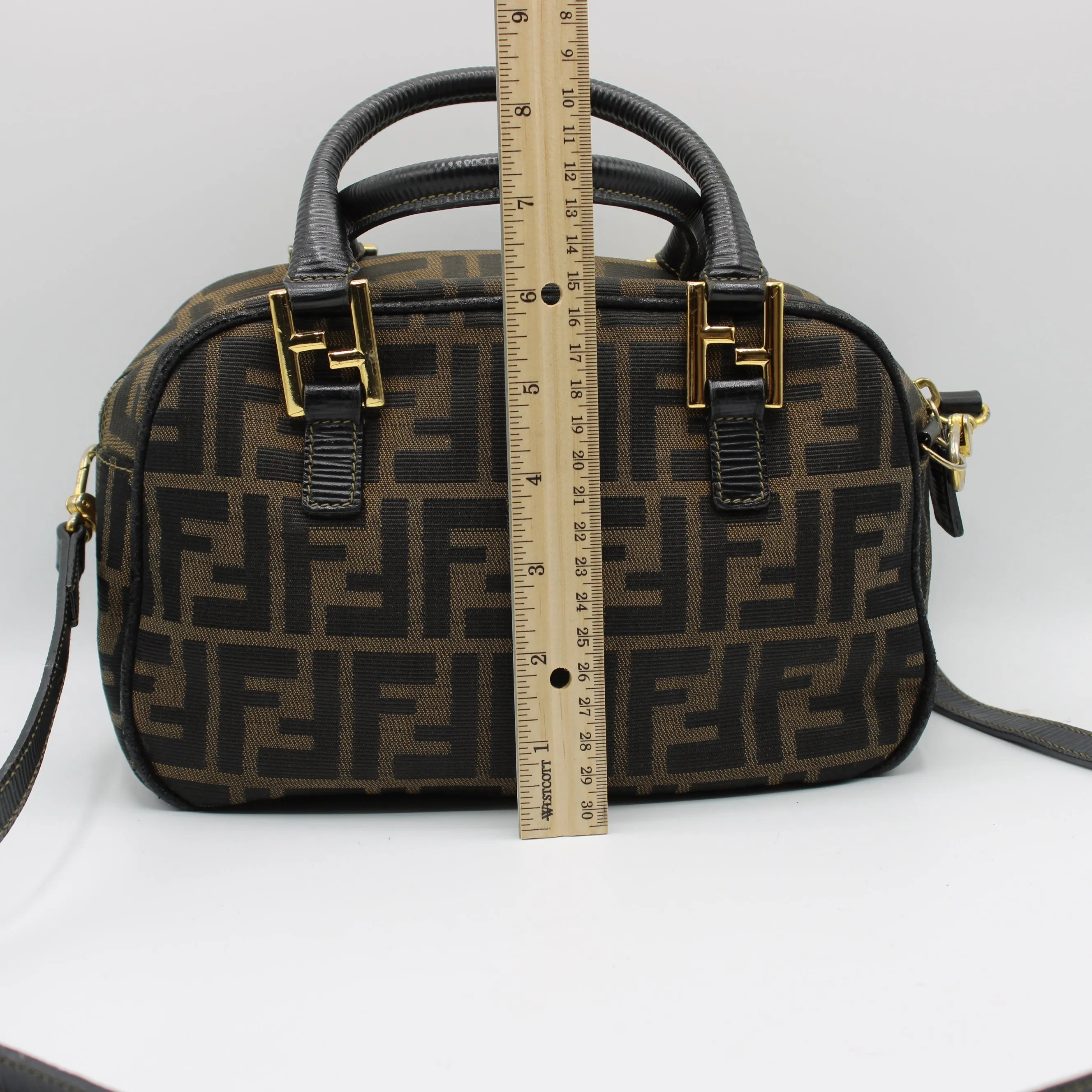 Fendi Zucca Canvas Leather Crossbody Strap Mini Boston Bag