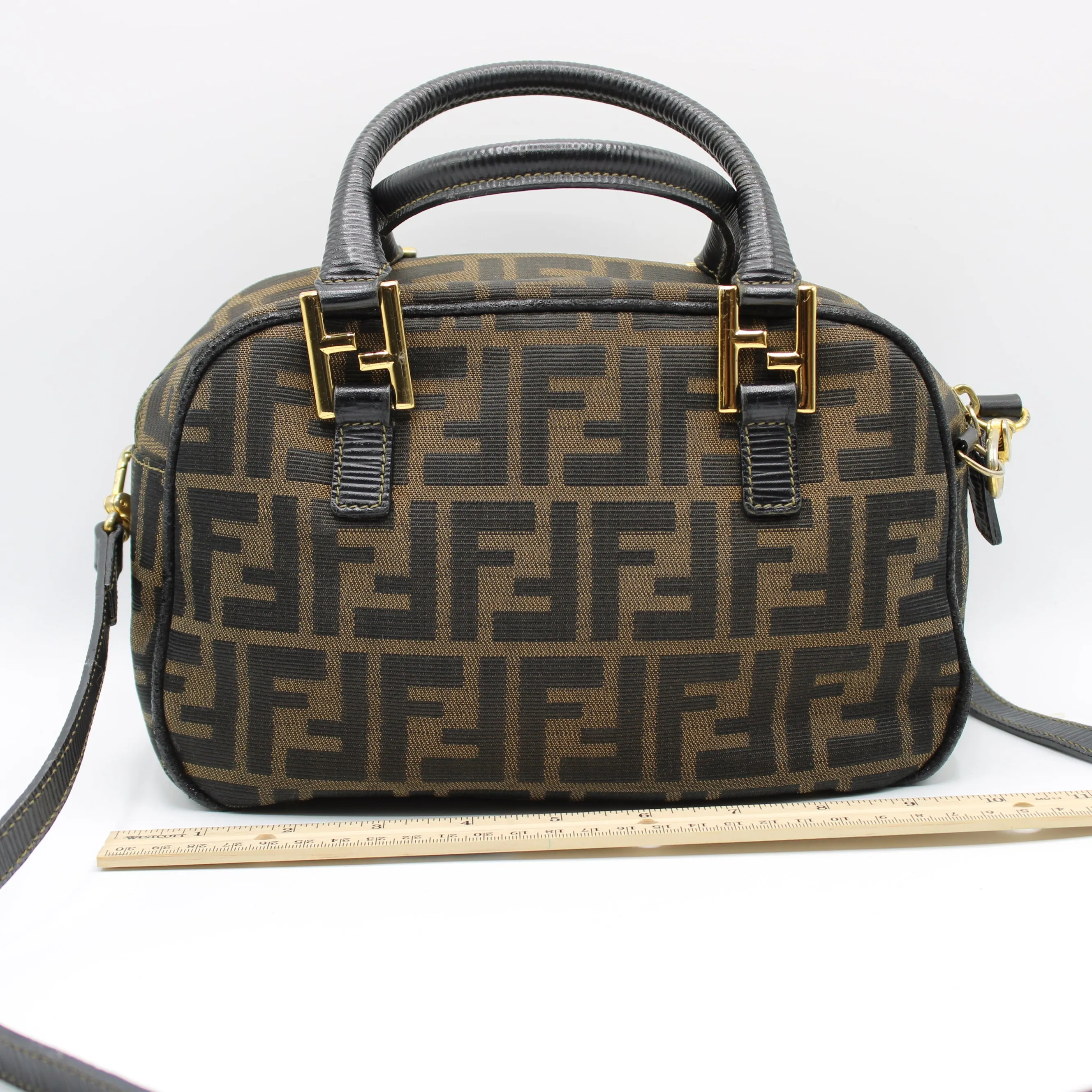 Fendi Zucca Canvas Leather Crossbody Strap Mini Boston Bag