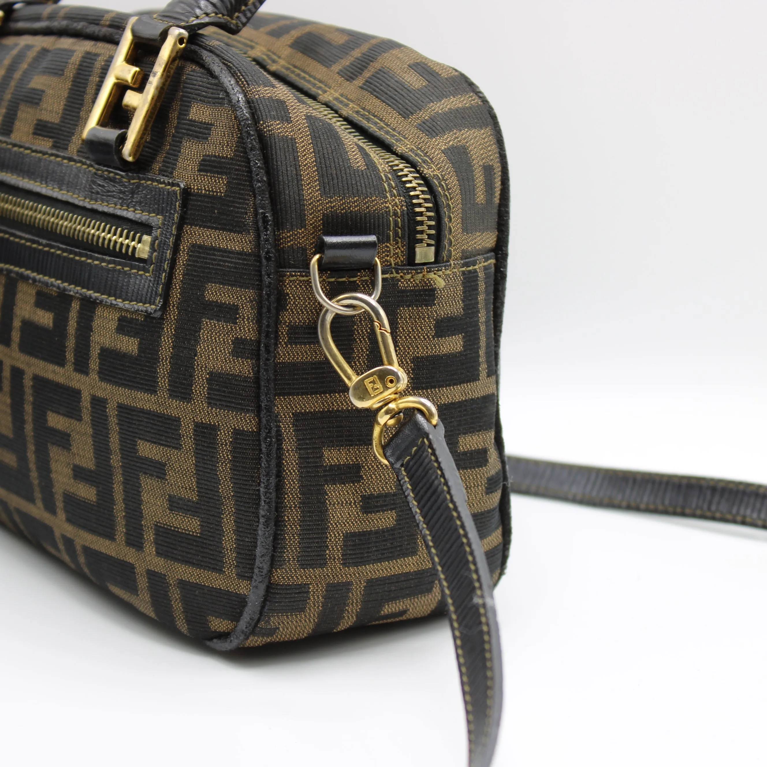 Fendi Zucca Canvas Leather Crossbody Strap Mini Boston Bag