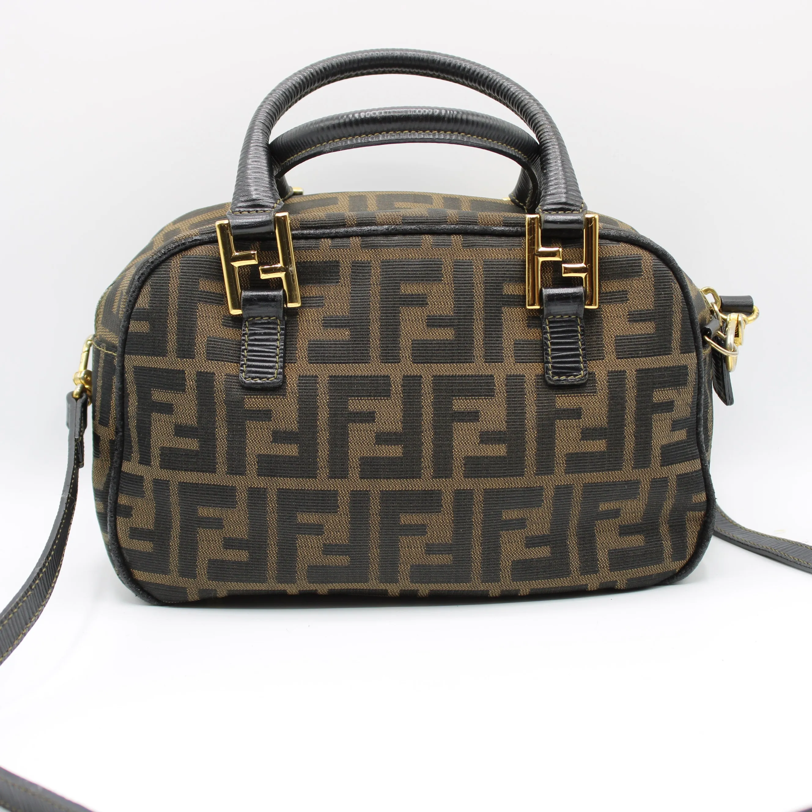 Fendi Zucca Canvas Leather Crossbody Strap Mini Boston Bag