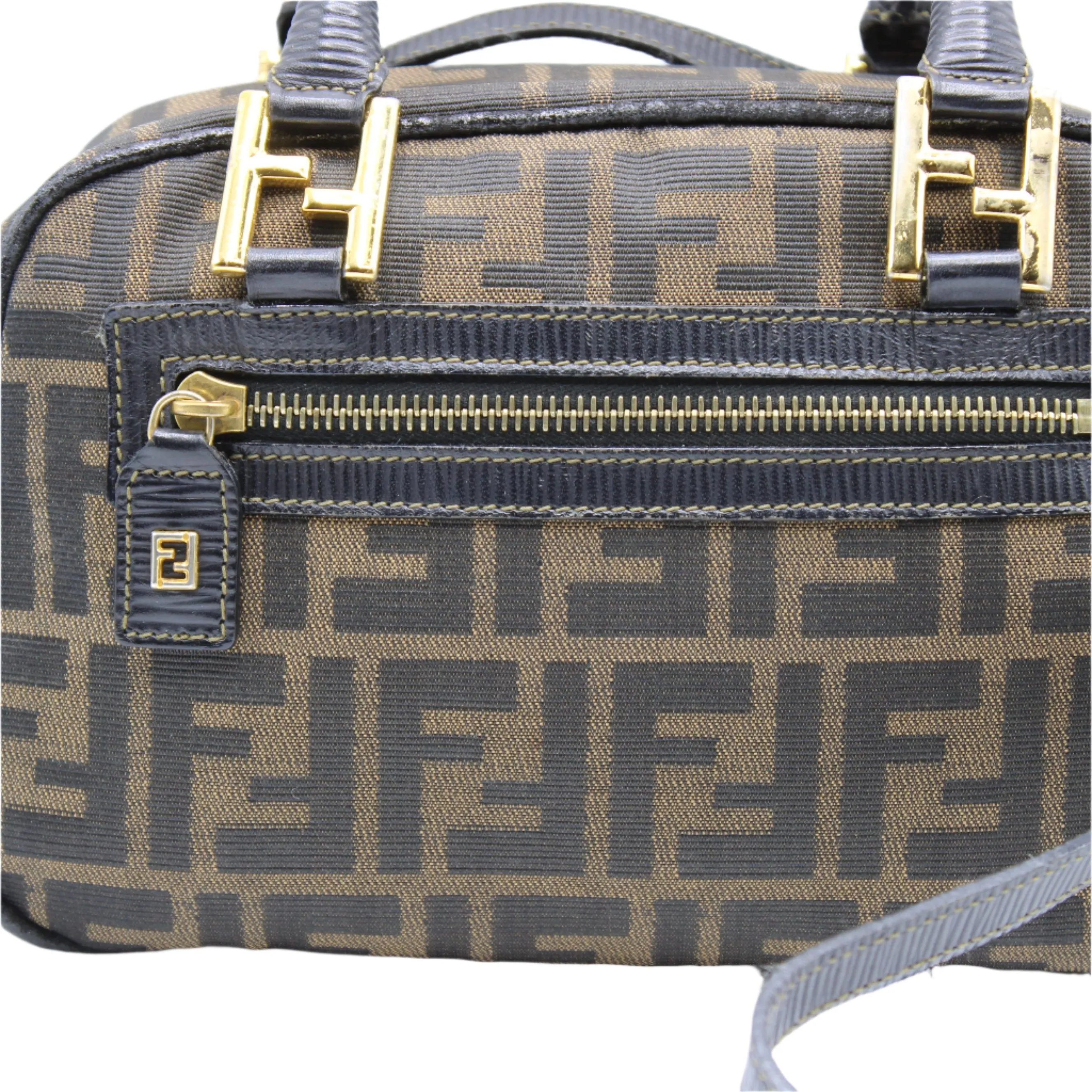 Fendi Zucca Canvas Leather Crossbody Strap Mini Boston Bag