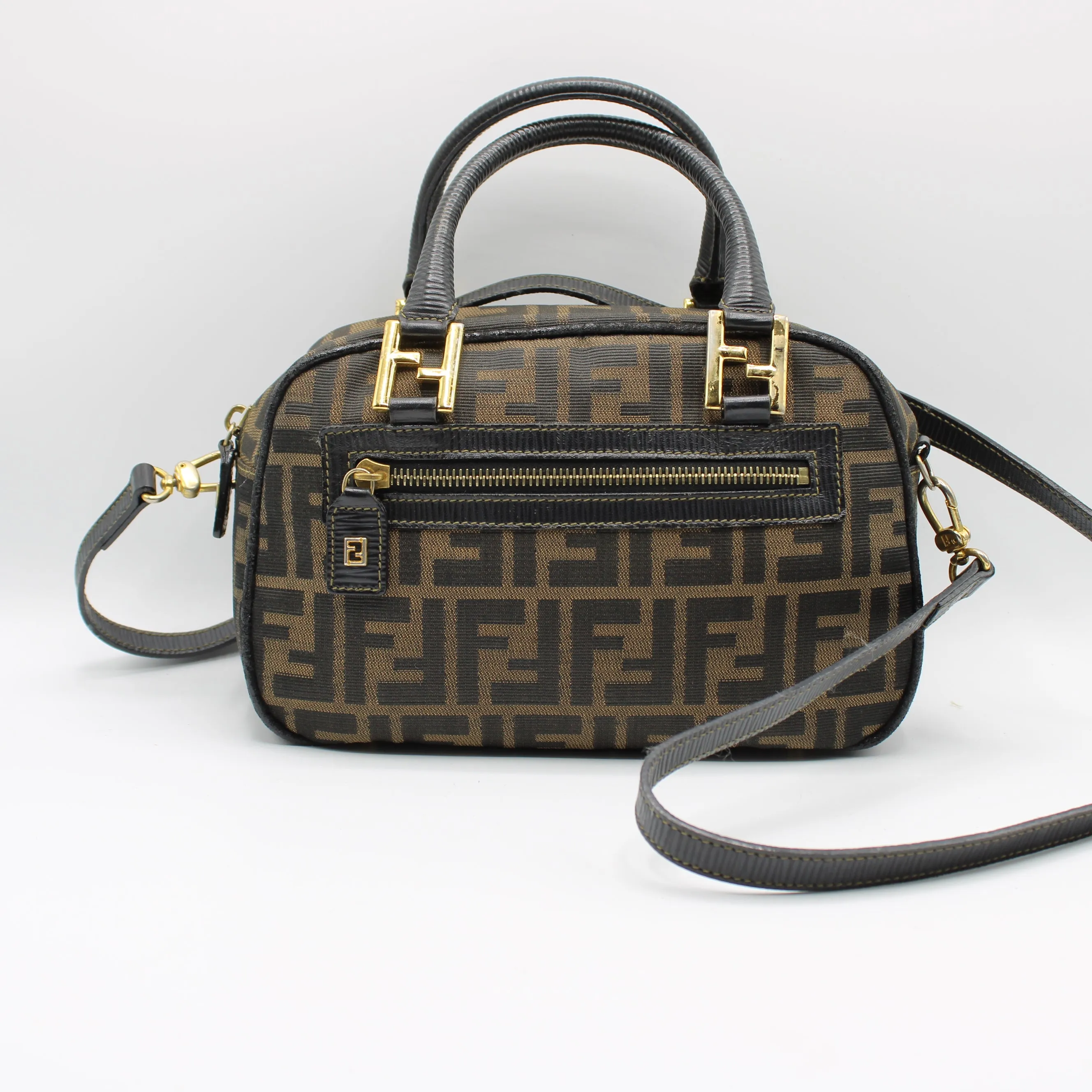 Fendi Zucca Canvas Leather Crossbody Strap Mini Boston Bag