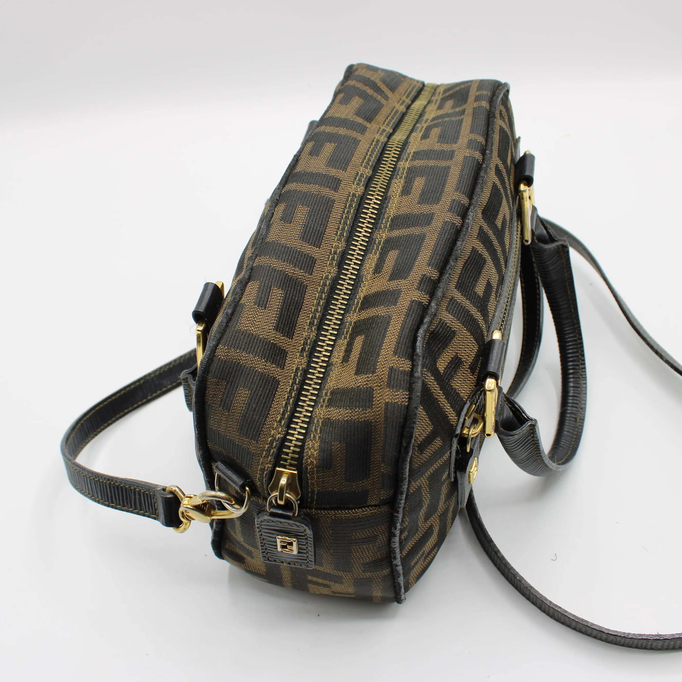 Fendi Zucca Canvas Leather Crossbody Strap Mini Boston Bag