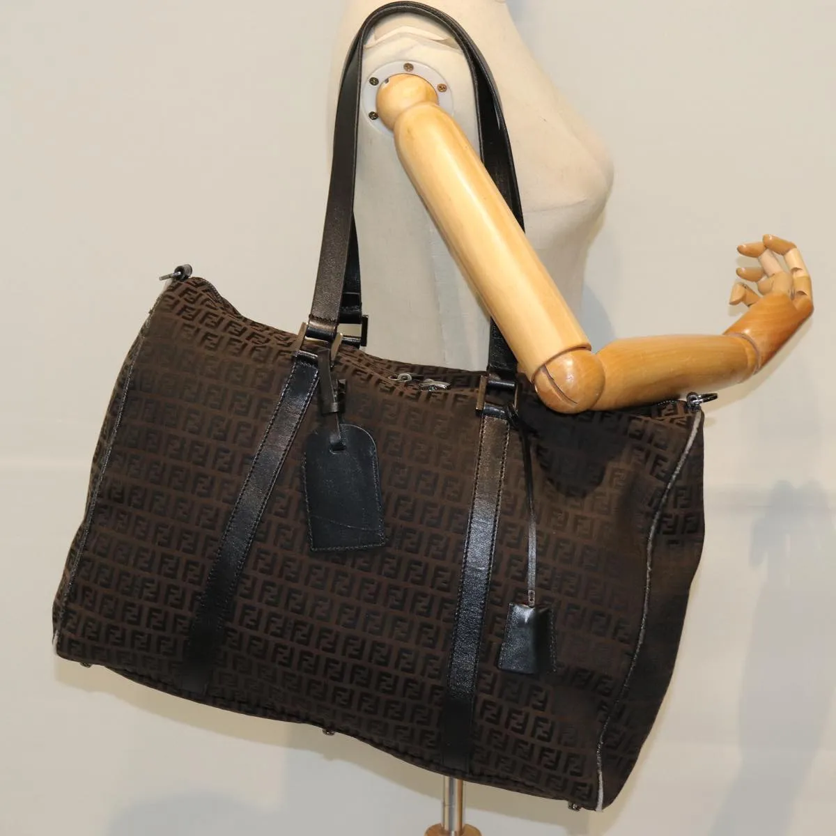 FENDI Zucchino Canvas Boston Bag Brown Black bs14074