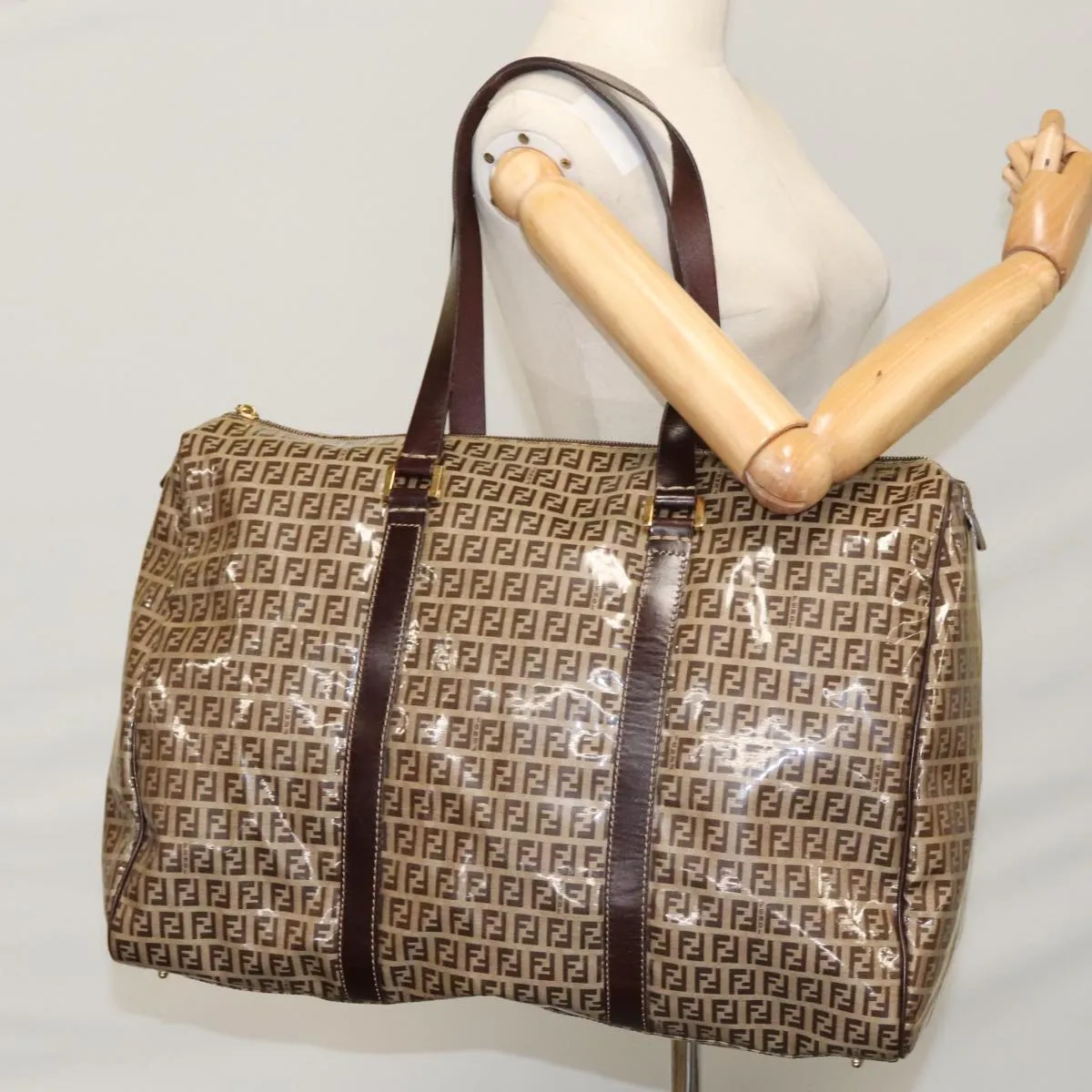 FENDI Zucchino Canvas Boston Bag Gold Beige 109630