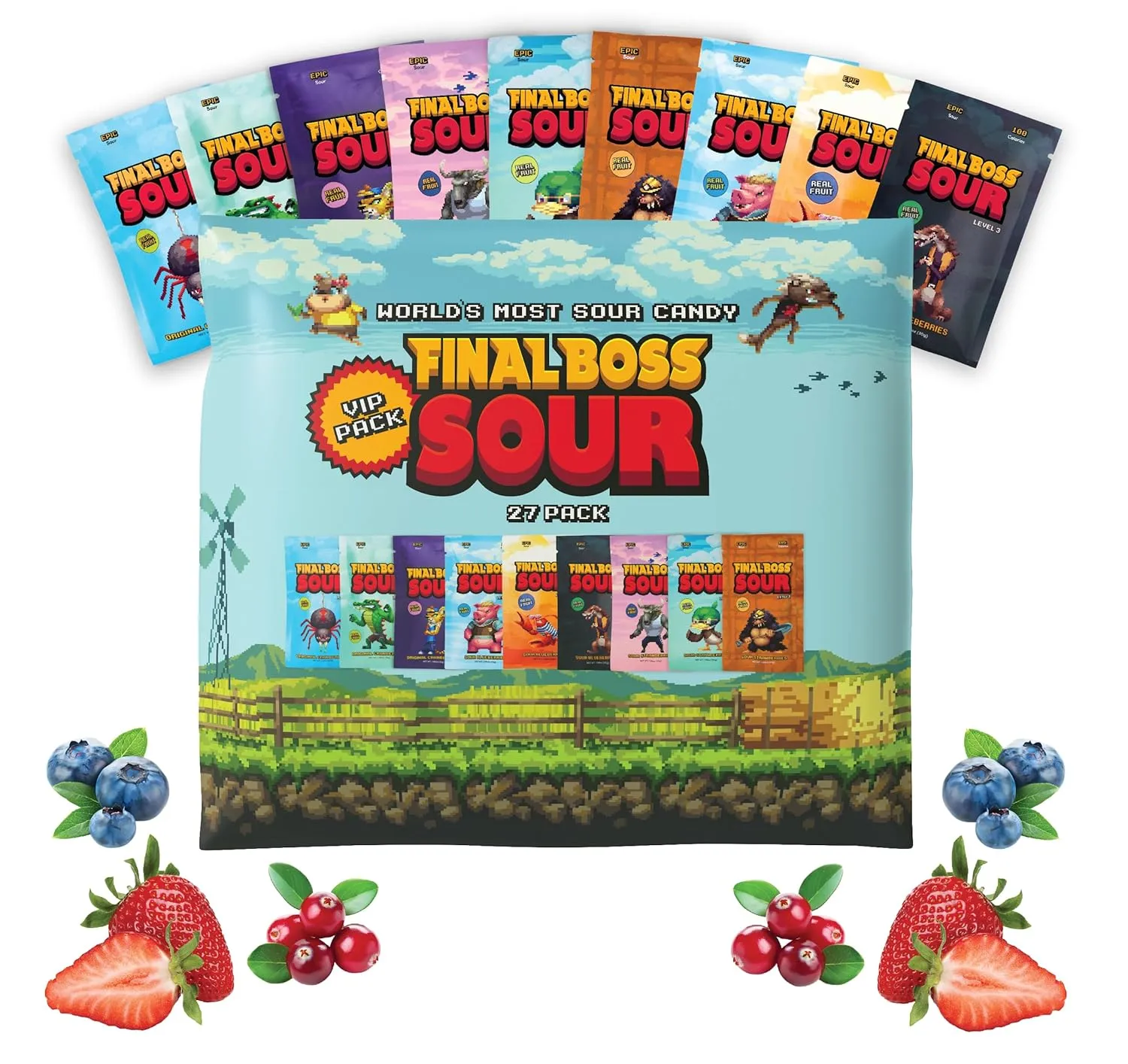 Final Boss Sour Candy, Extremely Super Sour Gummy Candy, Natural Chewy Gummies Made with Dried Fruit, Free of Artificial Colors, Low Calorie Healthy Snack for Kids & Adults, 1.06oz, 27 Pack (All Sour Levels)