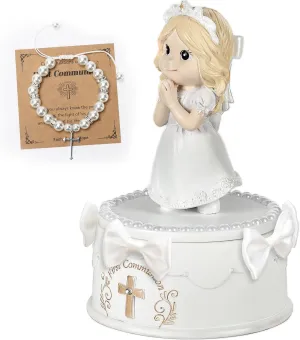 First Communion Gifts for Girls-First Communion Girl Figurine with Pearl Bracelet & Communion Keepsake Box- 1st Communion Gifts for Girls, First Communion Decorations for Girls