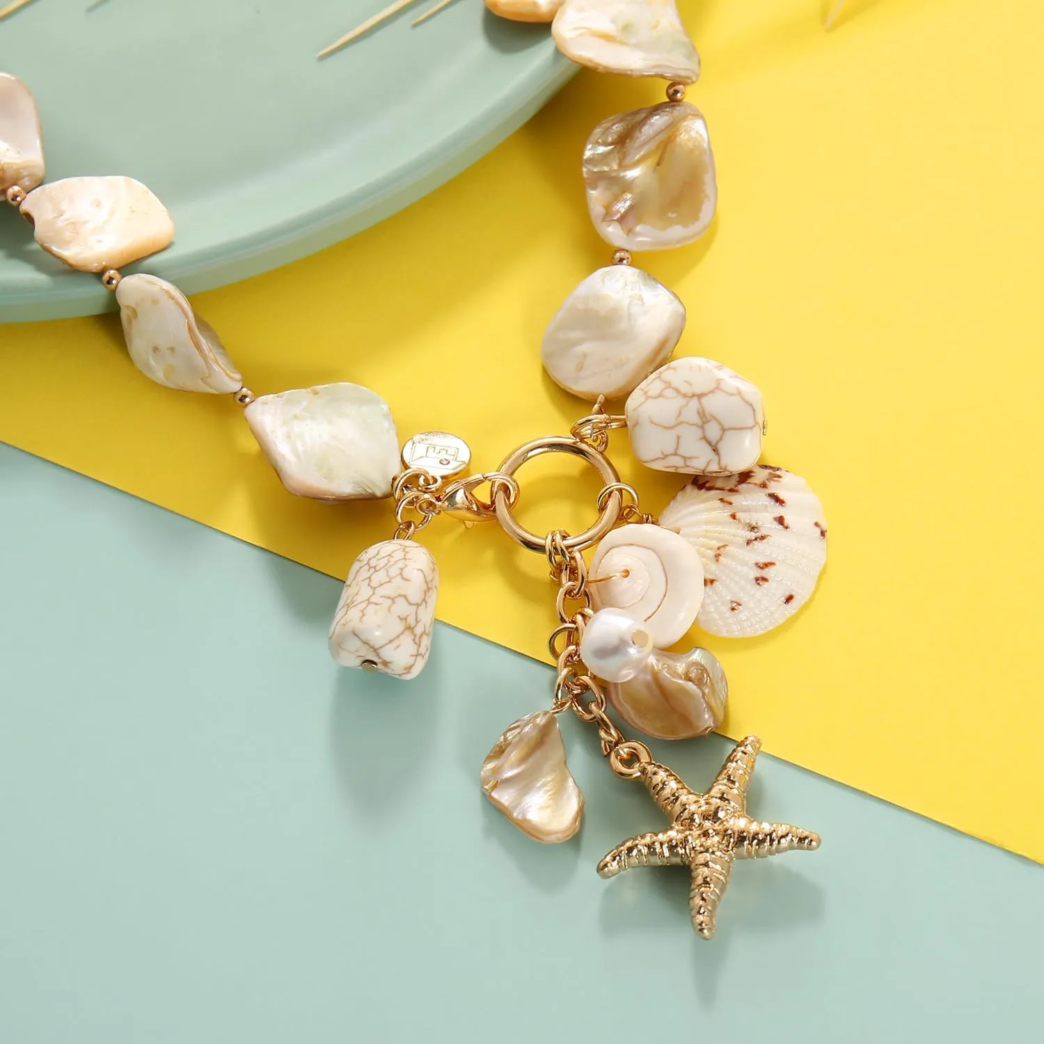 Firstmeet Natural Freshwater Shell Choker With Pearl Starfish Turquoise Pendant Irregular Mother of Pearl Necklaces for Women