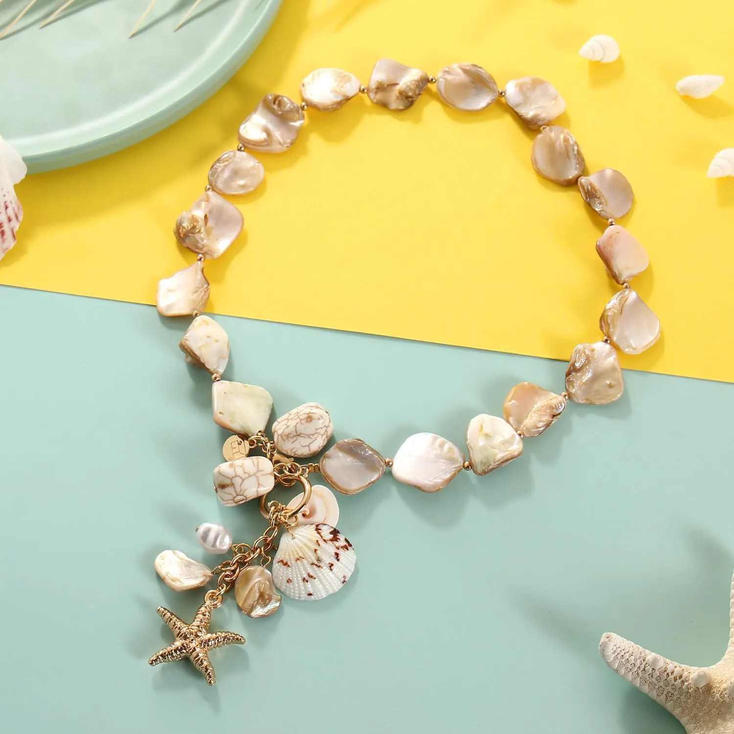 Firstmeet Natural Freshwater Shell Choker With Pearl Starfish Turquoise Pendant Irregular Mother of Pearl Necklaces for Women