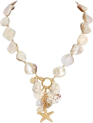 Firstmeet Natural Freshwater Shell Choker With Pearl Starfish Turquoise Pendant Irregular Mother of Pearl Necklaces for Women