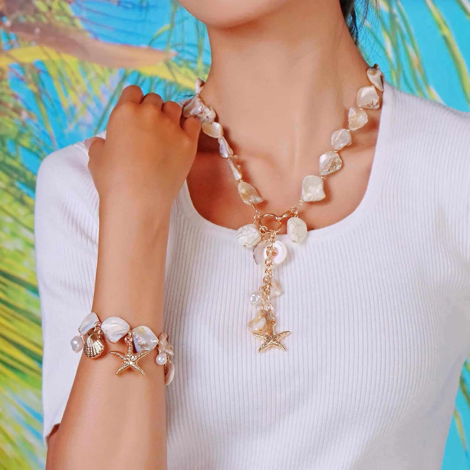 Firstmeet Natural Freshwater Shell Choker With Pearl Starfish Turquoise Pendant Irregular Mother of Pearl Necklaces for Women
