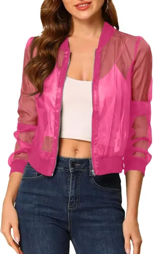 Fisoew Women's Crop Mesh Sheer Bomber Jackets Lightweight Long Sleeve Zip Up Jacket Outwear