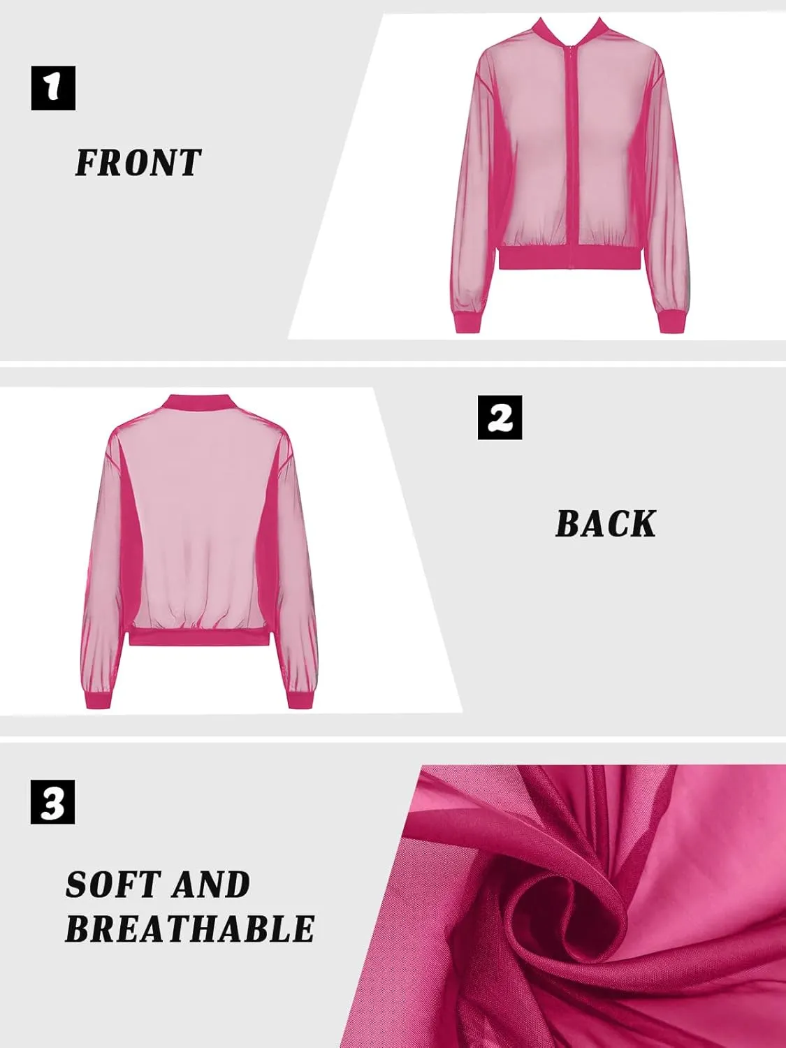 Fisoew Women's Crop Mesh Sheer Bomber Jackets Lightweight Long Sleeve Zip Up Jacket Outwear