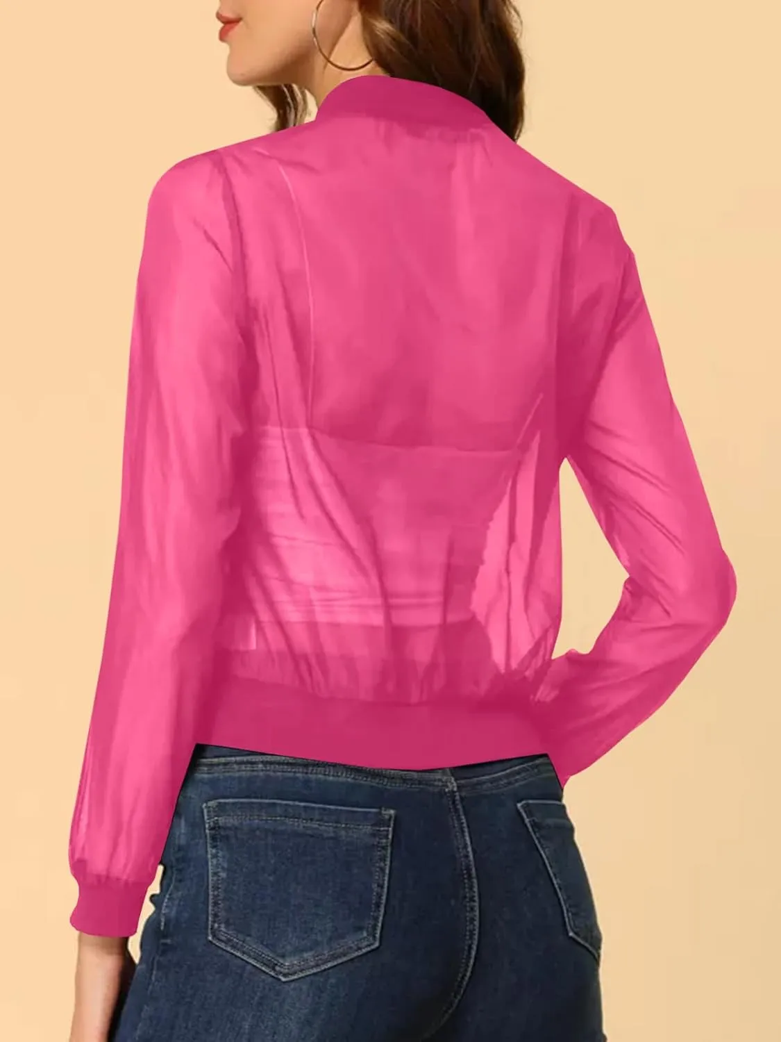 Fisoew Women's Crop Mesh Sheer Bomber Jackets Lightweight Long Sleeve Zip Up Jacket Outwear