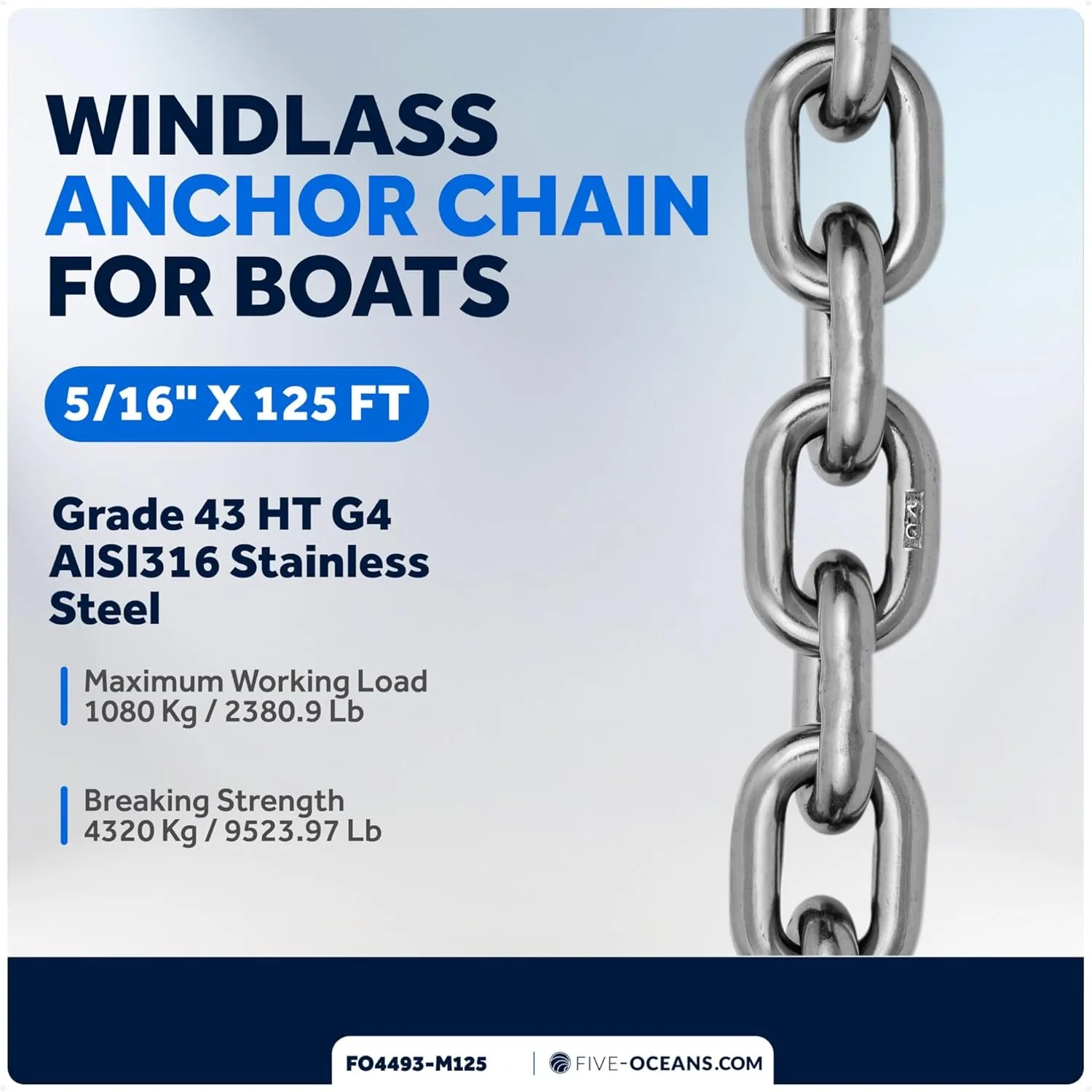 Five Oceans Windlass Anchor Chain, Marine Grade G43 HT G4, High Test, Multiple Materials, Sizes & Lengths
