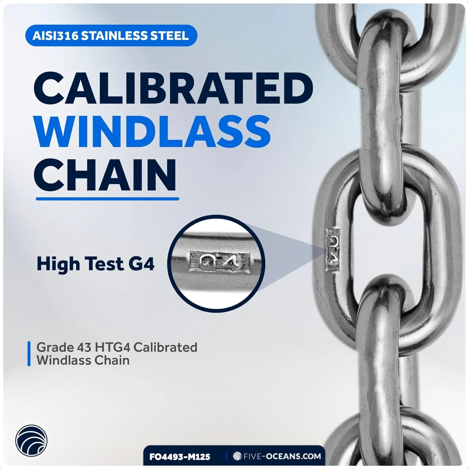 Five Oceans Windlass Anchor Chain, Marine Grade G43 HT G4, High Test, Multiple Materials, Sizes & Lengths