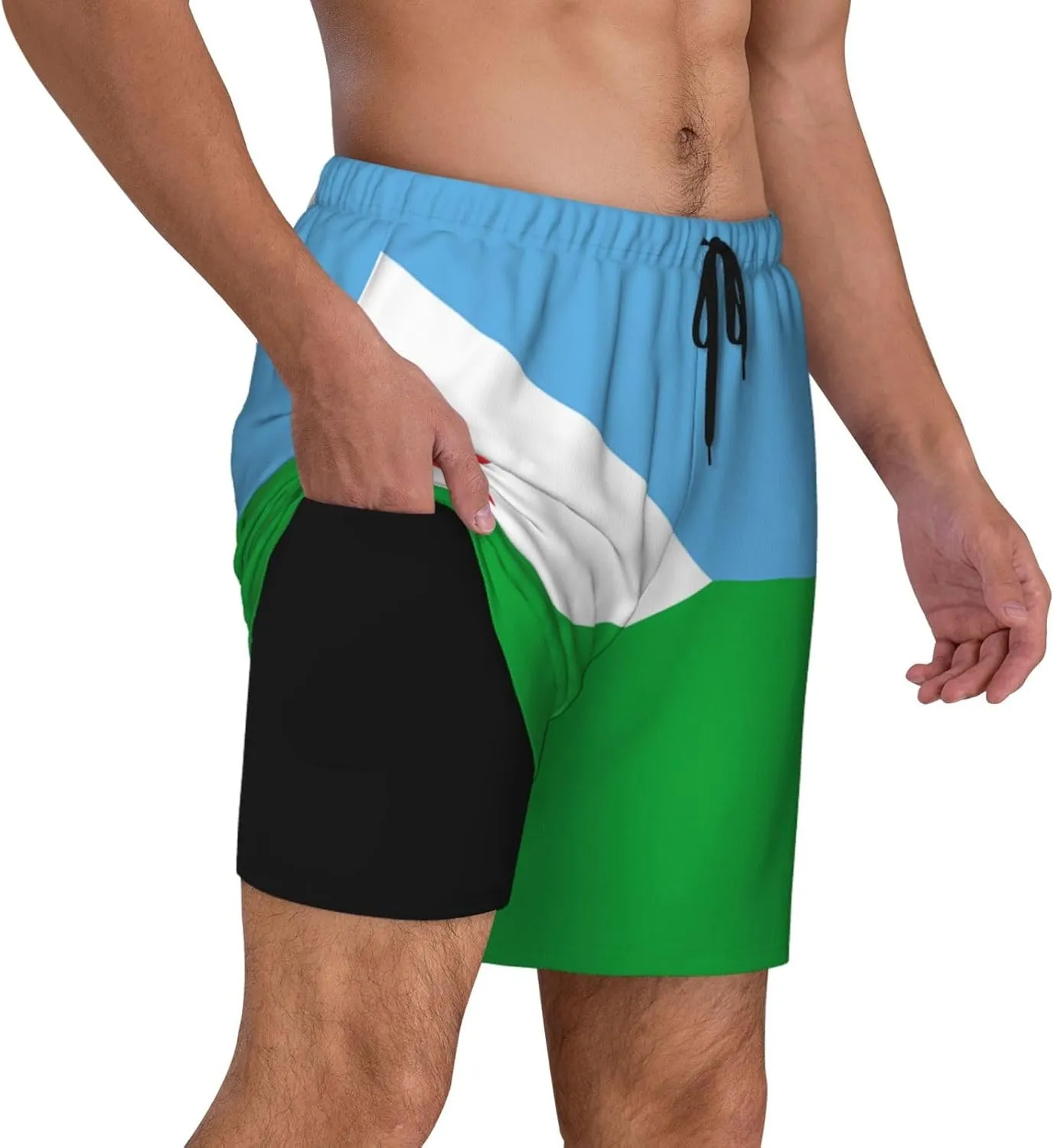 Flag of Djibouti Print Men's Casual Swim Shorts, Comfortable Double Layer Beach Trunks for Lounging & Swimming