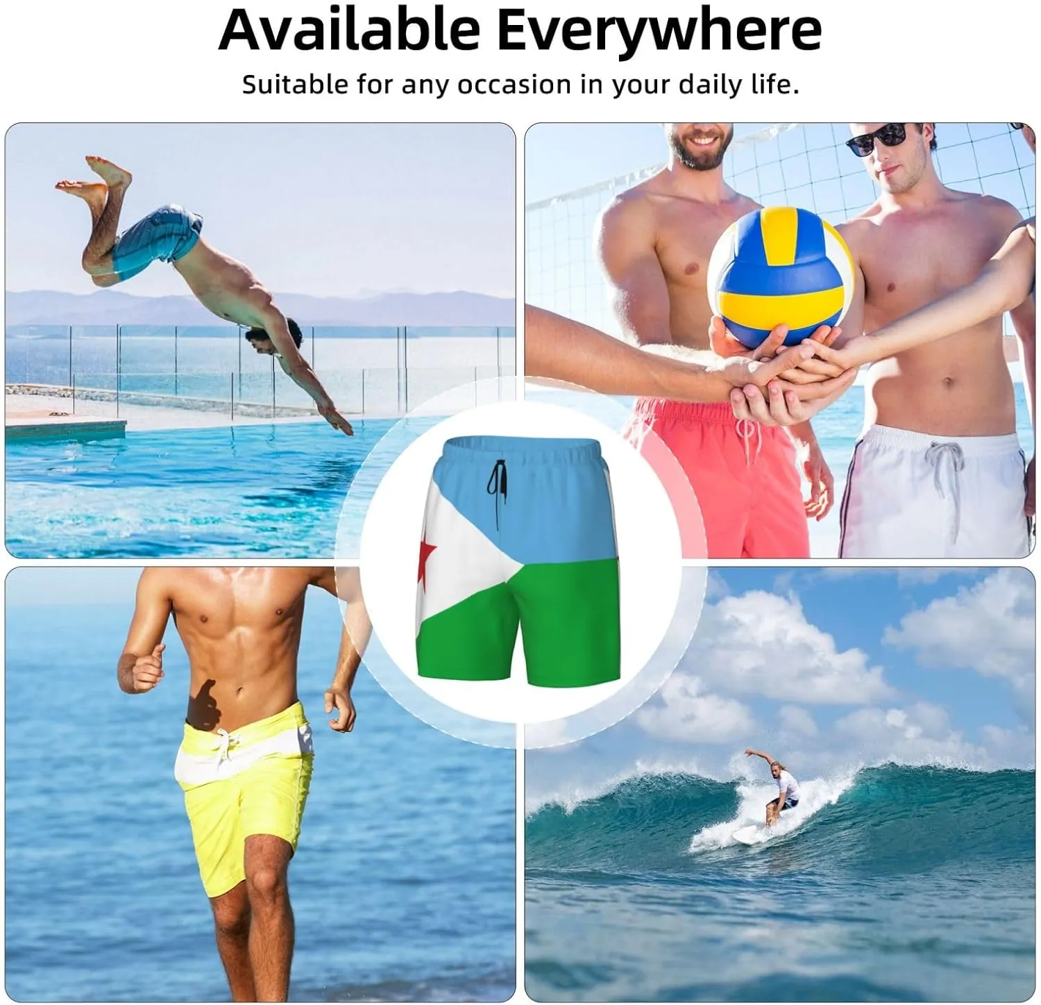 Flag of Djibouti Print Men's Casual Swim Shorts, Comfortable Double Layer Beach Trunks for Lounging & Swimming