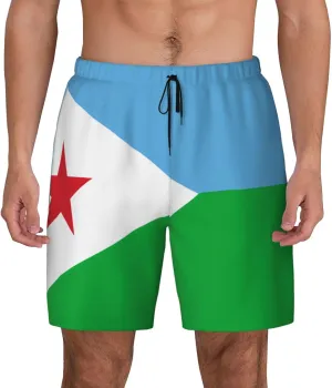 Flag of Djibouti Print Men's Casual Swim Shorts, Comfortable Double Layer Beach Trunks for Lounging & Swimming