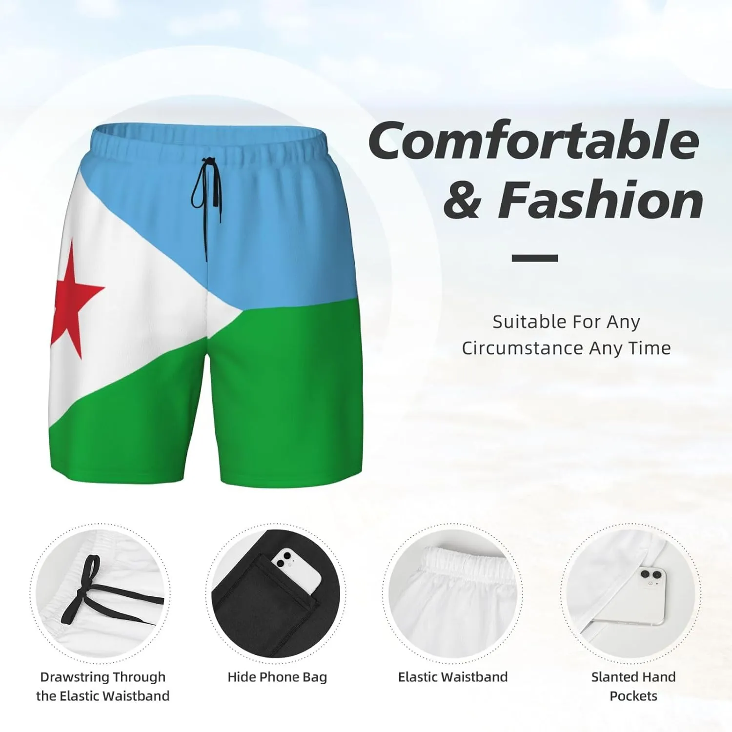 Flag of Djibouti Print Men's Casual Swim Shorts, Comfortable Double Layer Beach Trunks for Lounging & Swimming