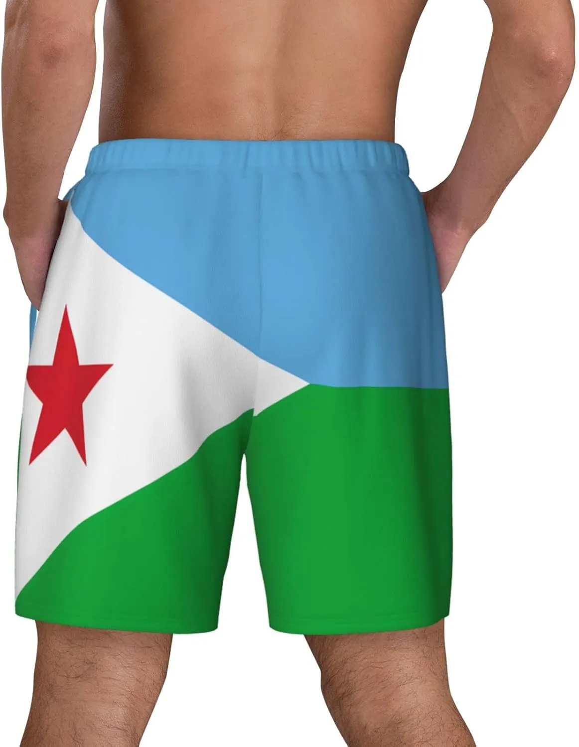 Flag of Djibouti Print Men's Casual Swim Shorts, Comfortable Double Layer Beach Trunks for Lounging & Swimming