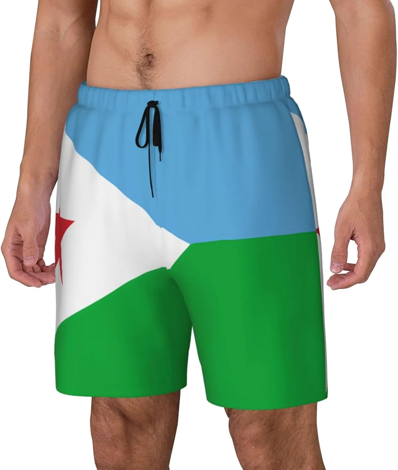 Flag of Djibouti Print Men's Casual Swim Shorts, Comfortable Double Layer Beach Trunks for Lounging & Swimming