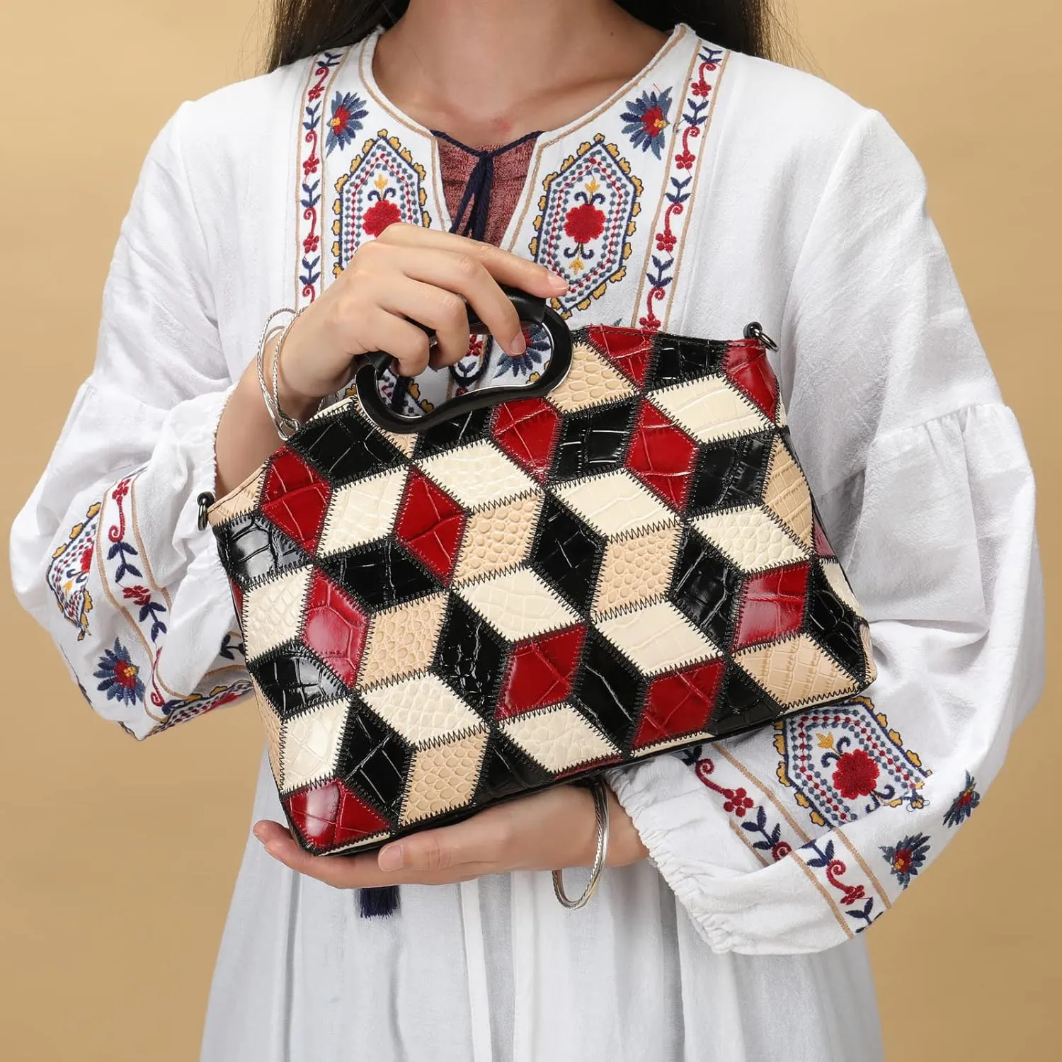 Floral Pattern Women Purse, Leather Ladies Designer Tote Bag Handbag Multicolor Patchwork Shoulder Bags
