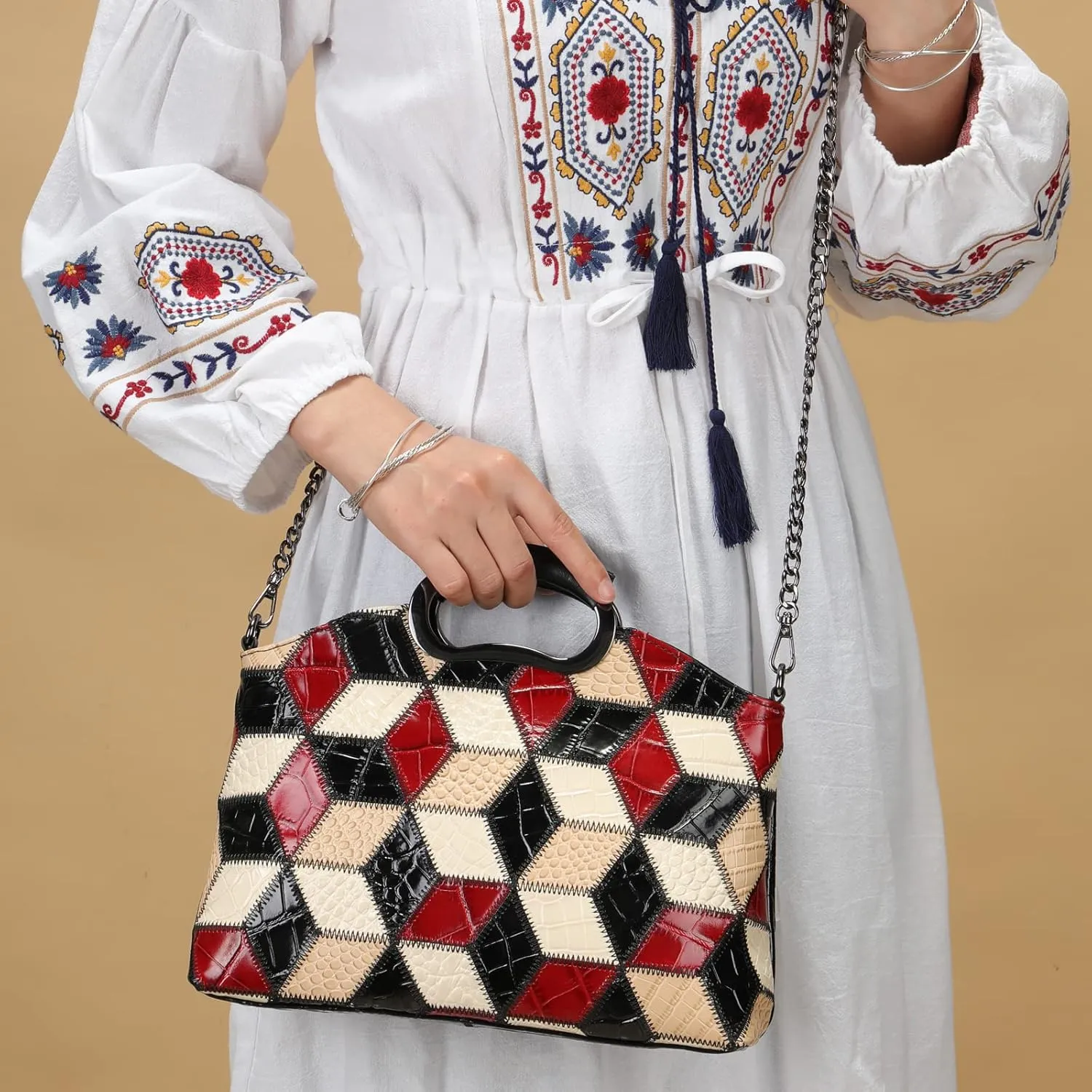 Floral Pattern Women Purse, Leather Ladies Designer Tote Bag Handbag Multicolor Patchwork Shoulder Bags