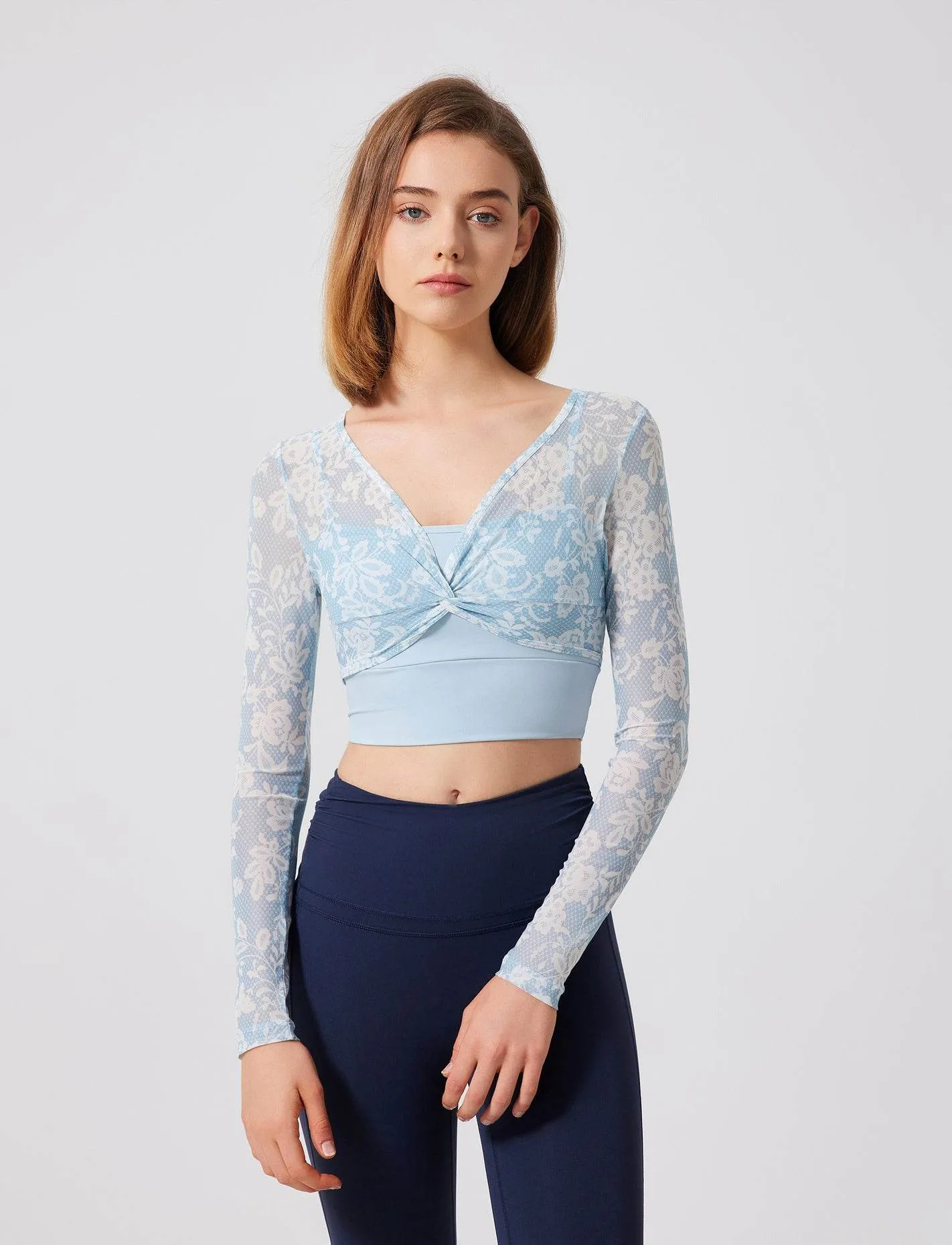 Floral Print Long Sleeve Workout Mesh T-Shirt