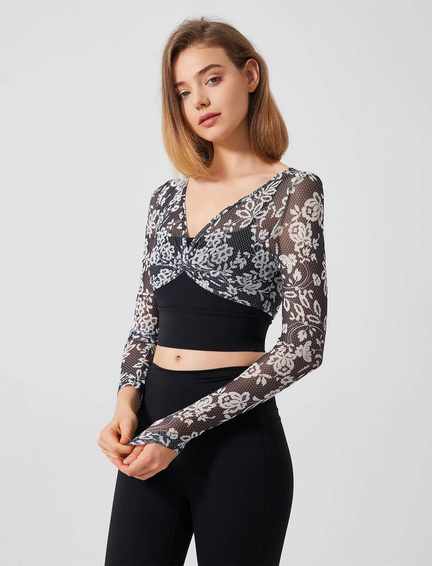 Floral Print Long Sleeve Workout Mesh T-Shirt