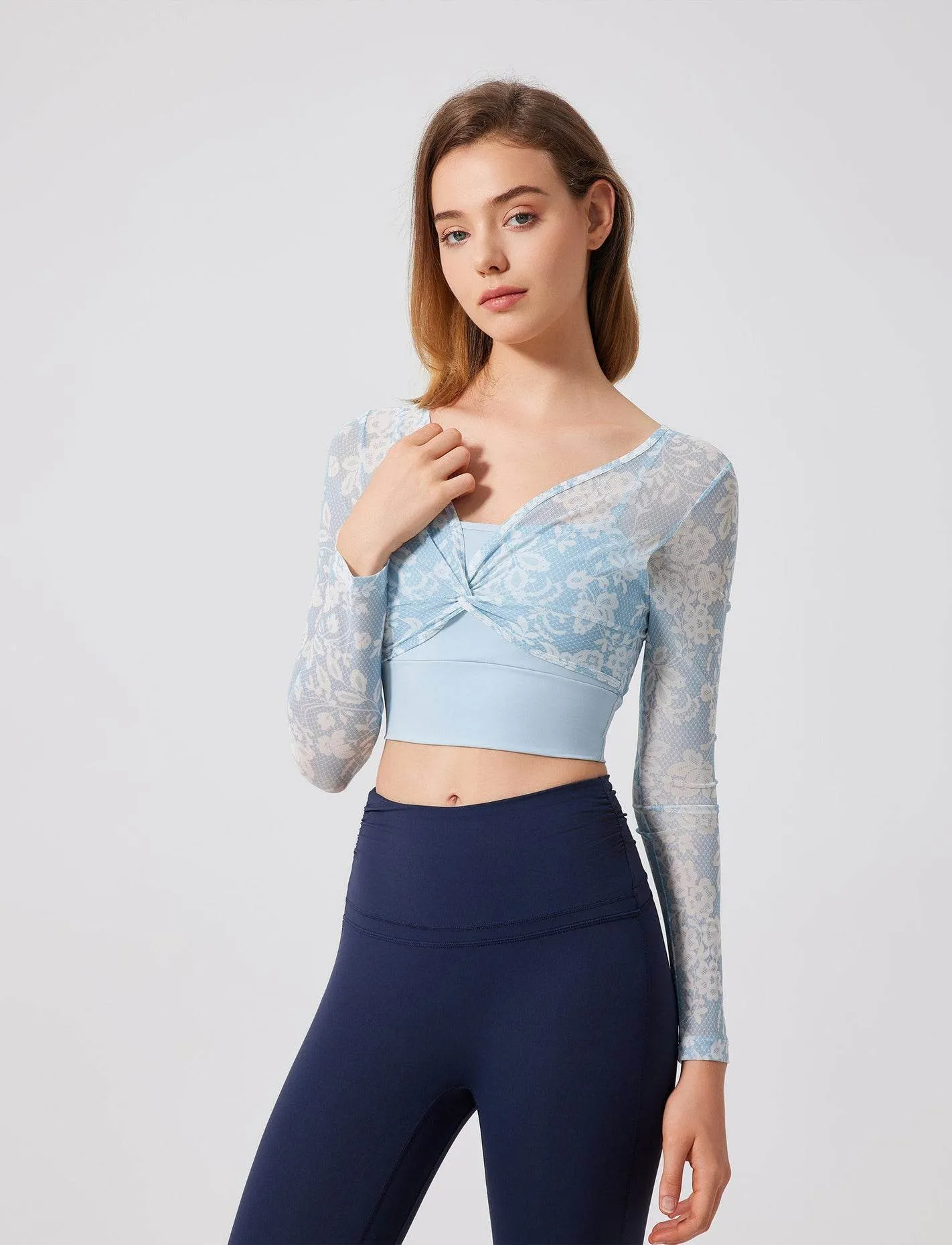 Floral Print Long Sleeve Workout Mesh T-Shirt