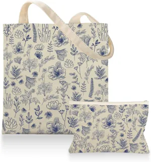 Flower Canvas Tote Bag for Women, Flower Tote Bag with Makeup Pouch Bag for Gym, Travel, Work, Birthday Thanksgiving Mothers Day Gifts for Mom Daughter Aunt Sister