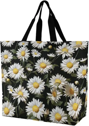 Flowers And Horses Hand Drawn Tote Bag for Women Reusable Grocery Shoulder Bag Shopping Bags for Travel, Groceries