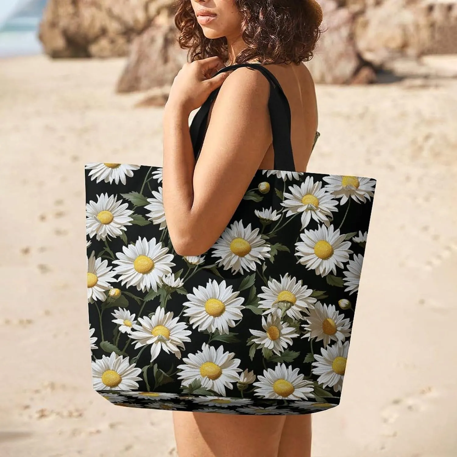 Flowers And Horses Hand Drawn Tote Bag for Women Reusable Grocery Shoulder Bag Shopping Bags for Travel, Groceries