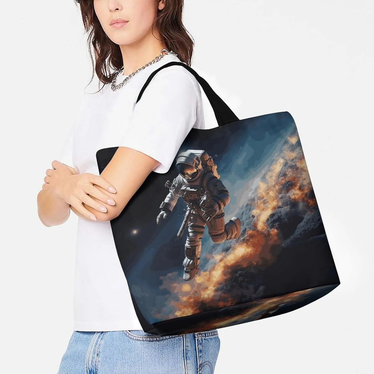 Flowers And Horses Hand Drawn Tote Bag for Women Reusable Grocery Shoulder Bag Shopping Bags for Travel, Groceries