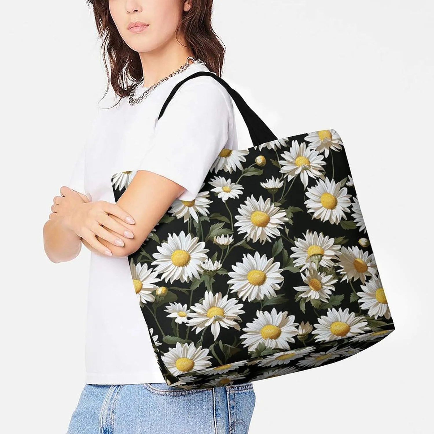 Flowers And Horses Hand Drawn Tote Bag for Women Reusable Grocery Shoulder Bag Shopping Bags for Travel, Groceries