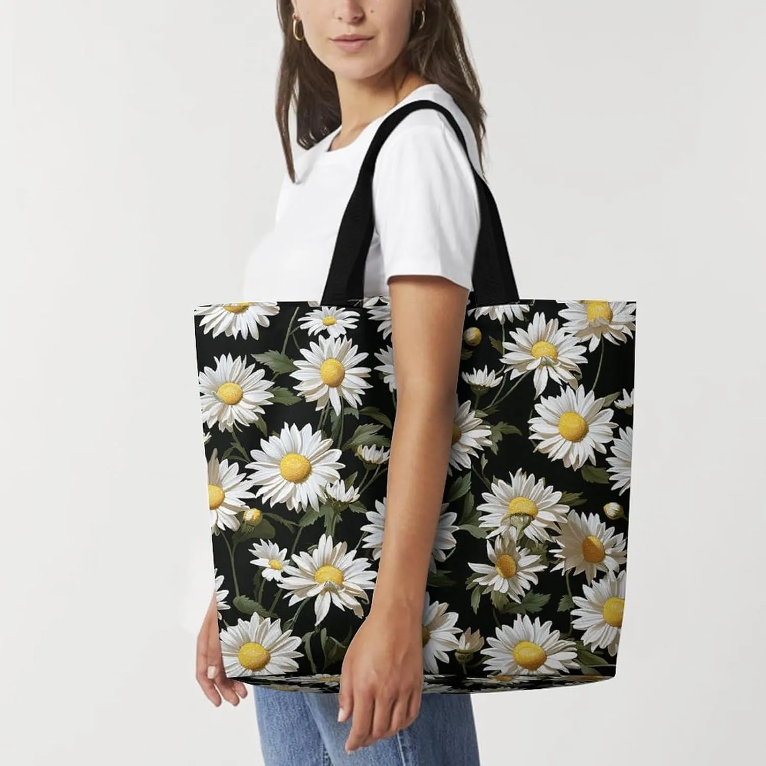Flowers And Horses Hand Drawn Tote Bag for Women Reusable Grocery Shoulder Bag Shopping Bags for Travel, Groceries