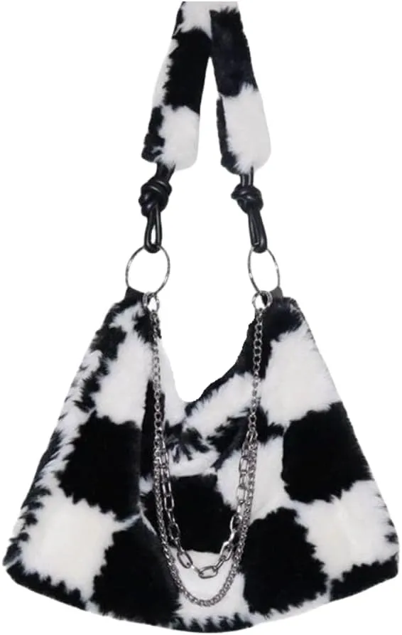 Fluffy Shoulder Bag Plaid Plush Underarm Bag Y2K Fuzzy Chain Crossbody Bag for Women Winter