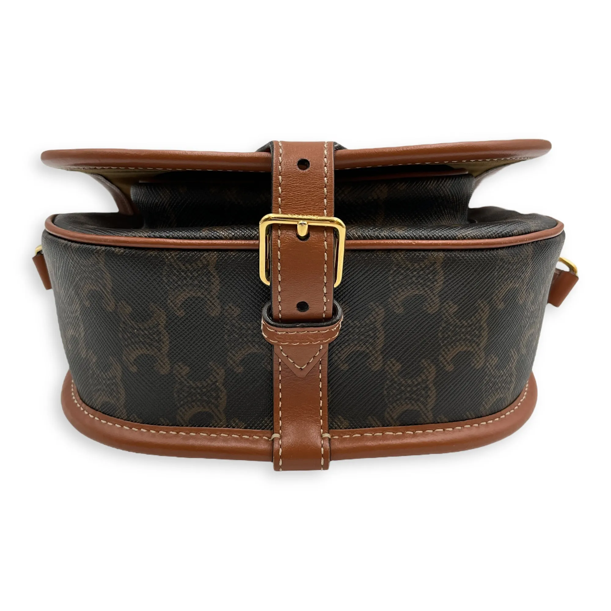 Folco Medium Brown Crossbody Bag in Triomphe Canvas, Gold hardware