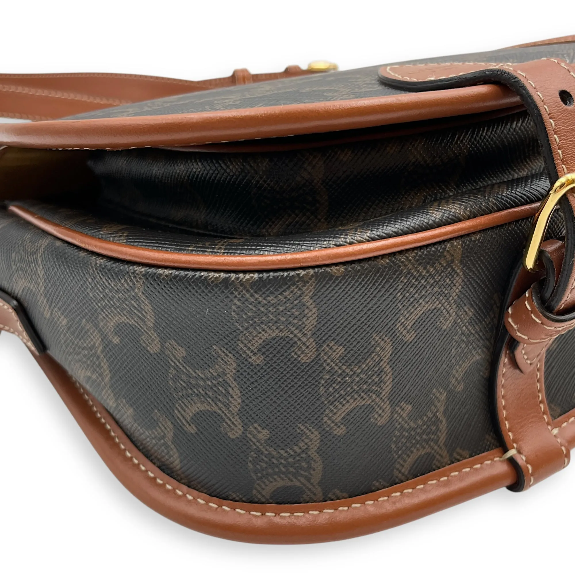 Folco Medium Brown Crossbody Bag in Triomphe Canvas, Gold hardware