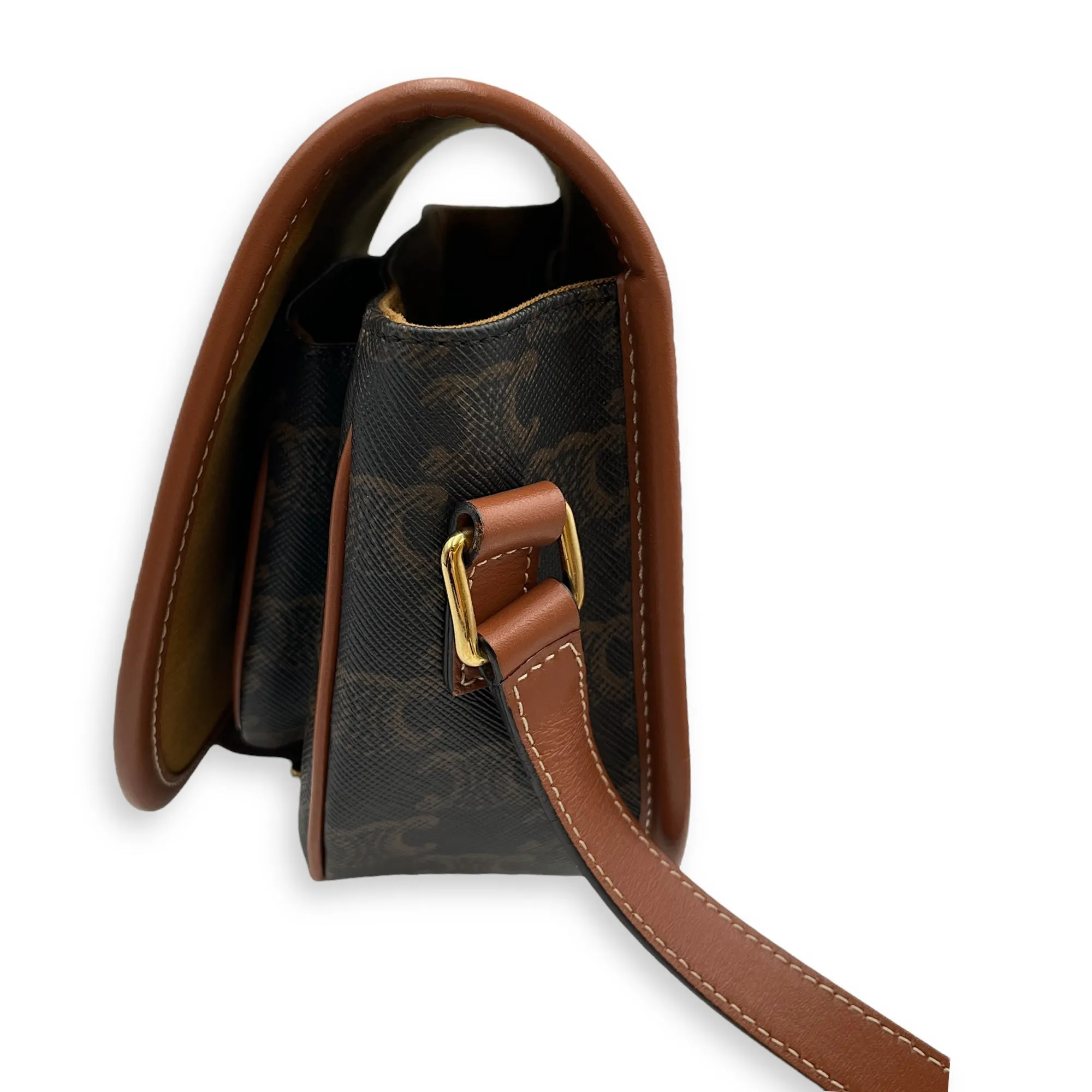 Folco Medium Brown Crossbody Bag in Triomphe Canvas, Gold hardware