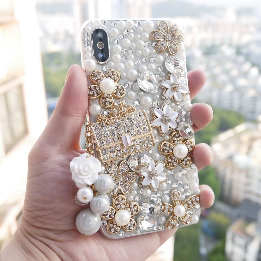 for iPhone Xr Women Case, Handbag Design Sparkly Rhinestone Cover, Cute Girly Bling Diamond Snow Flower, Beauty for iPhone 10r 6.1 Inch 2018