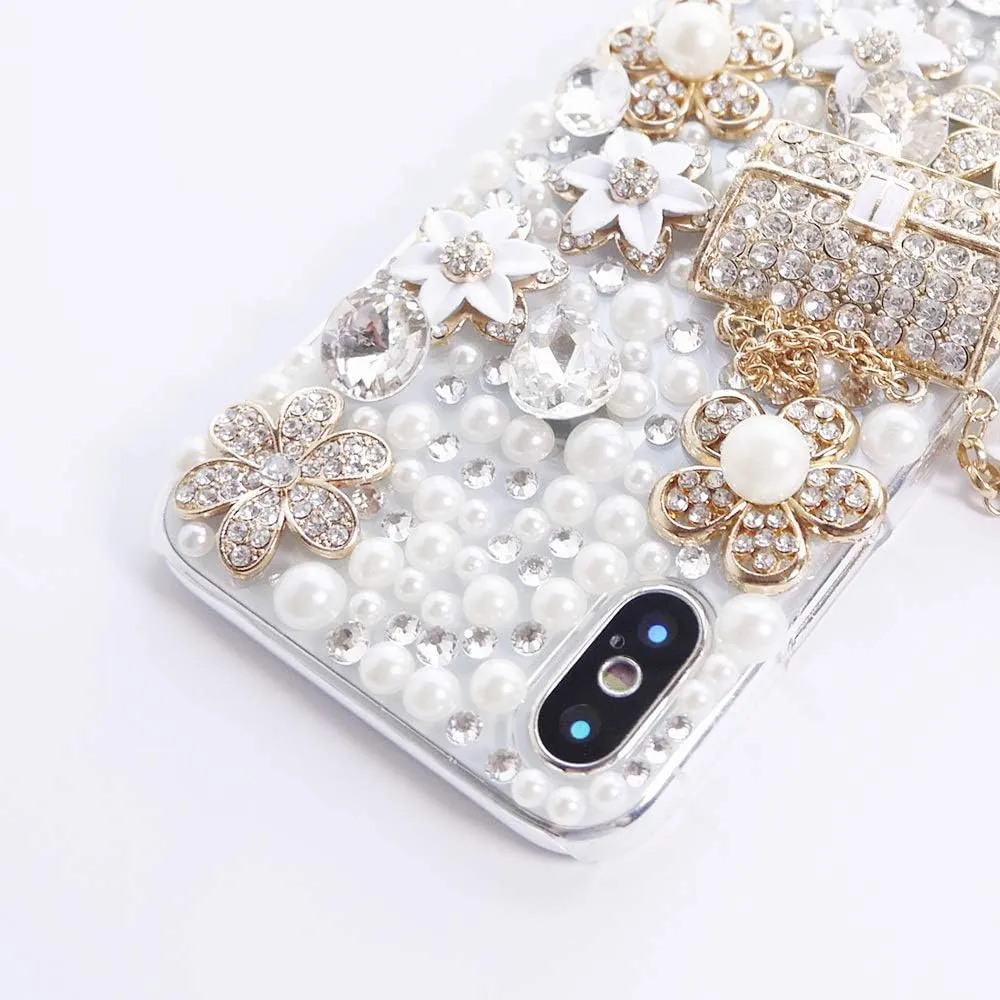 for iPhone Xr Women Case, Handbag Design Sparkly Rhinestone Cover, Cute Girly Bling Diamond Snow Flower, Beauty for iPhone 10r 6.1 Inch 2018