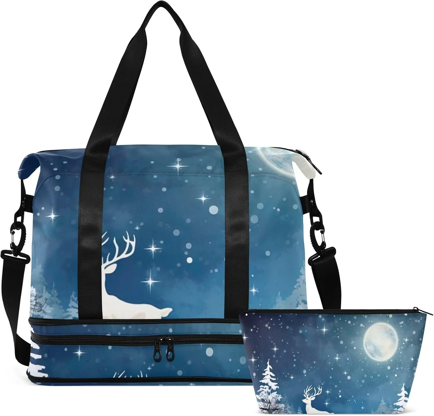 Forest Elk Milu Deer Snow Moon Gym Bag for Women & Men,Duffel Bag with Shoe Pocket,Weekender Overnight Bag with Trolley Sleeve for Travel 21215927
